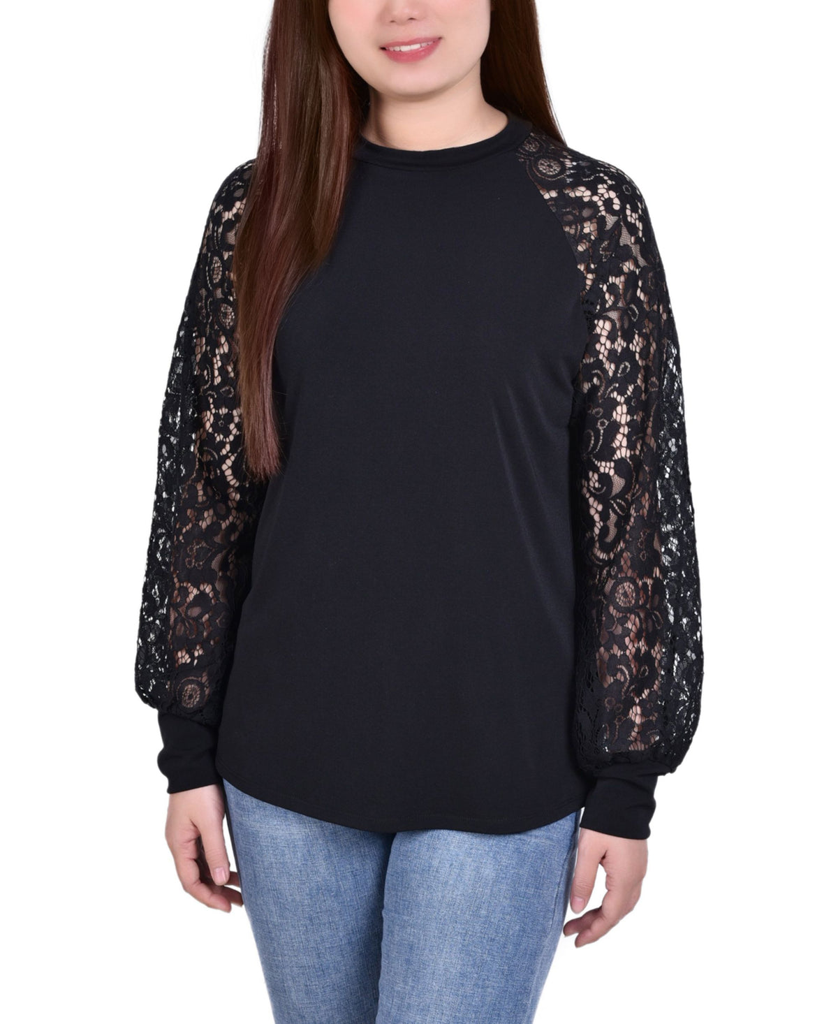 Petite Knit Crepe With Long Lace Balloon Sleeves Top