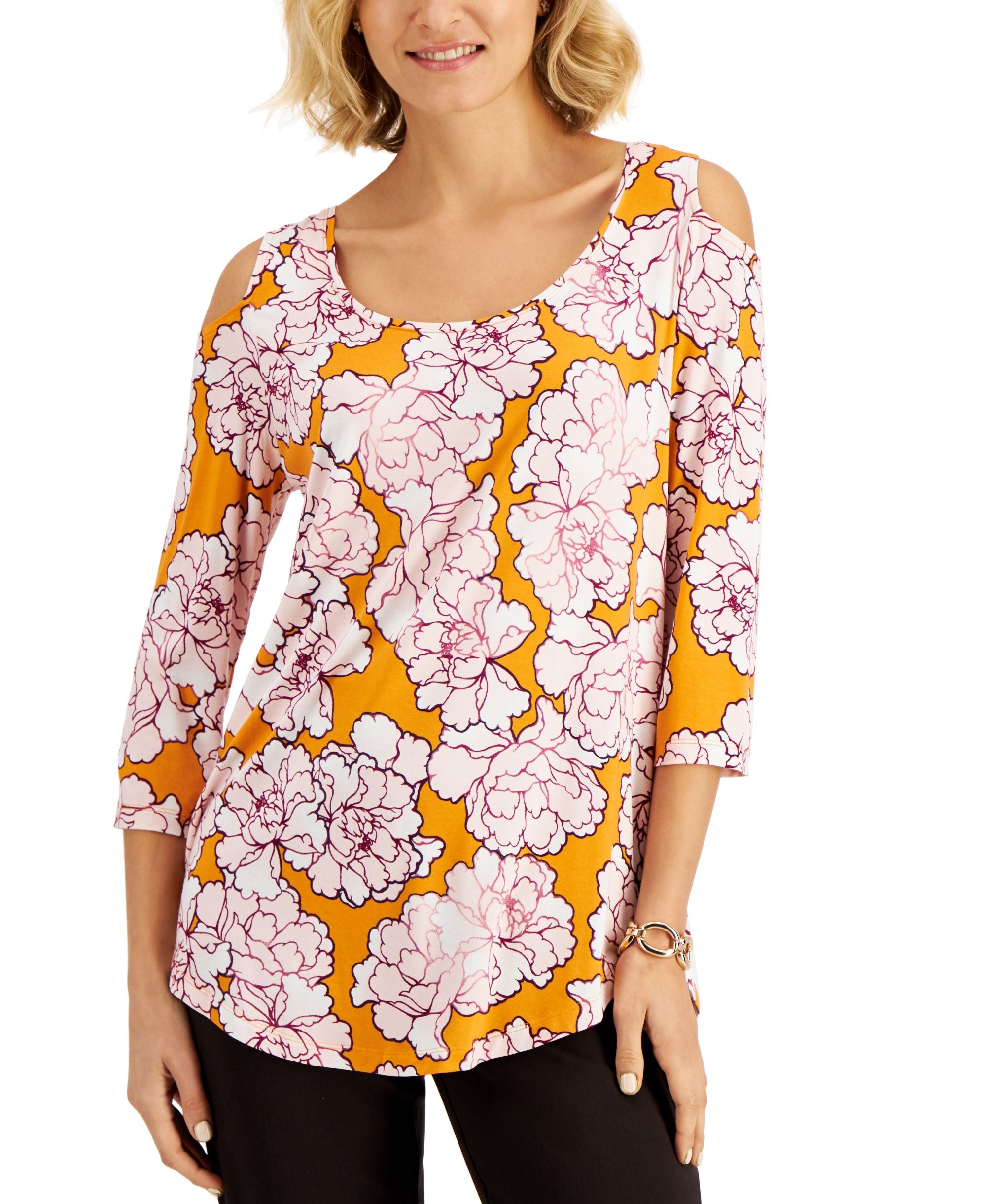 JM Collection Floral Print Cold Shoulder Top