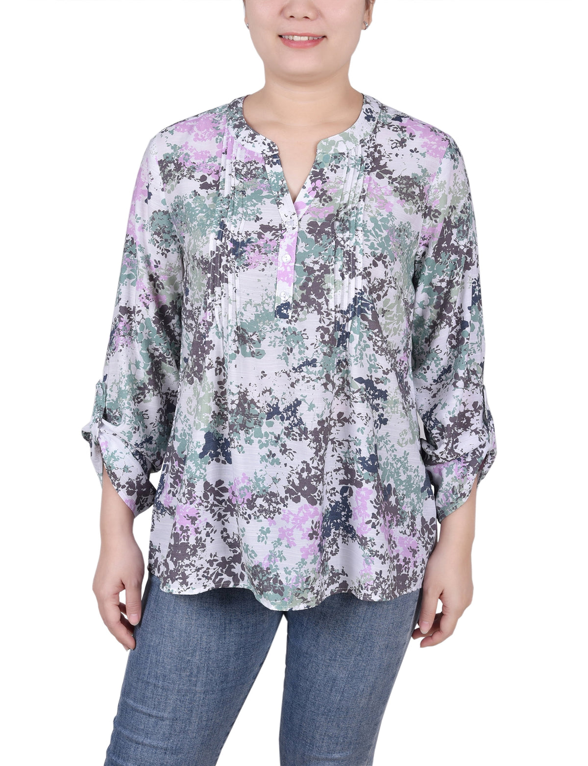 Petite Long Roll Tab Sleeve Pintuck Front Blouse