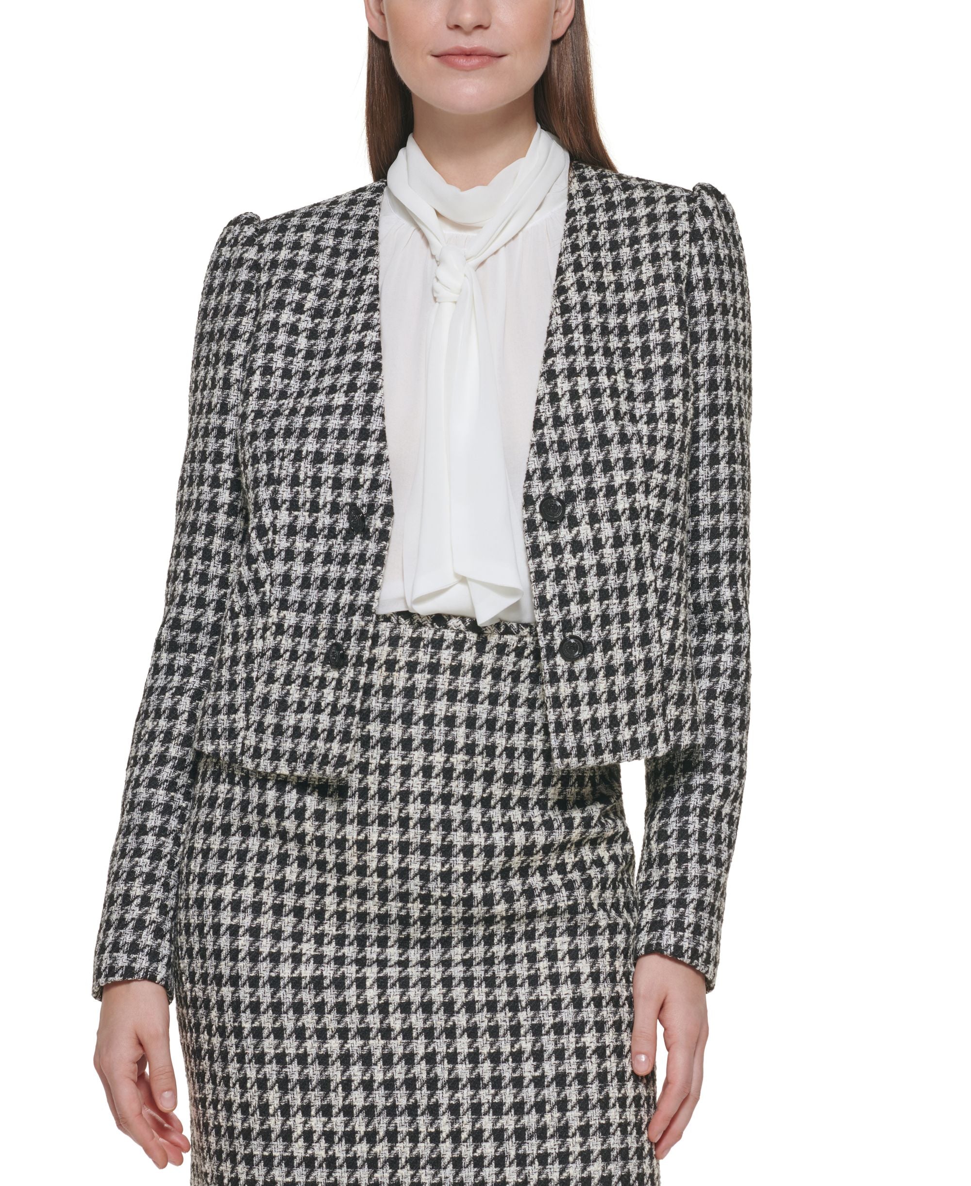 Open Front Houndstooth Tweed Jacket
