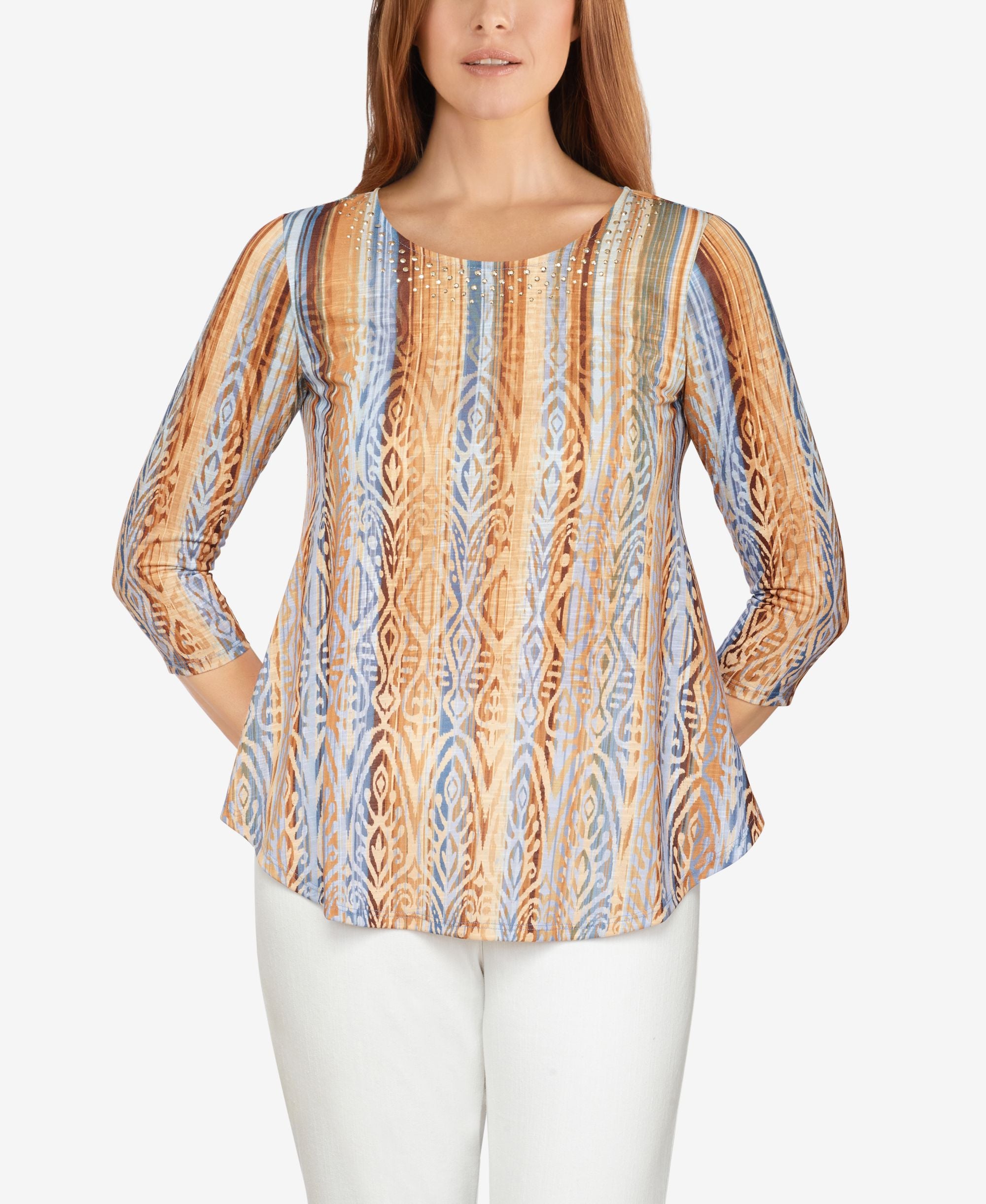 Ruby Rd. Womens Misses Embellished Vertical Ikat Border Printed Top