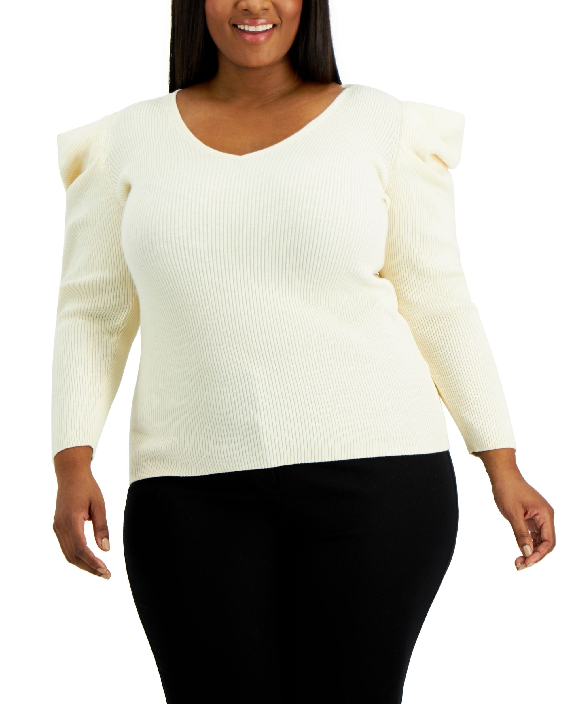 Anne Klein Plus Size Ribbed Puff Shoulder Sweater