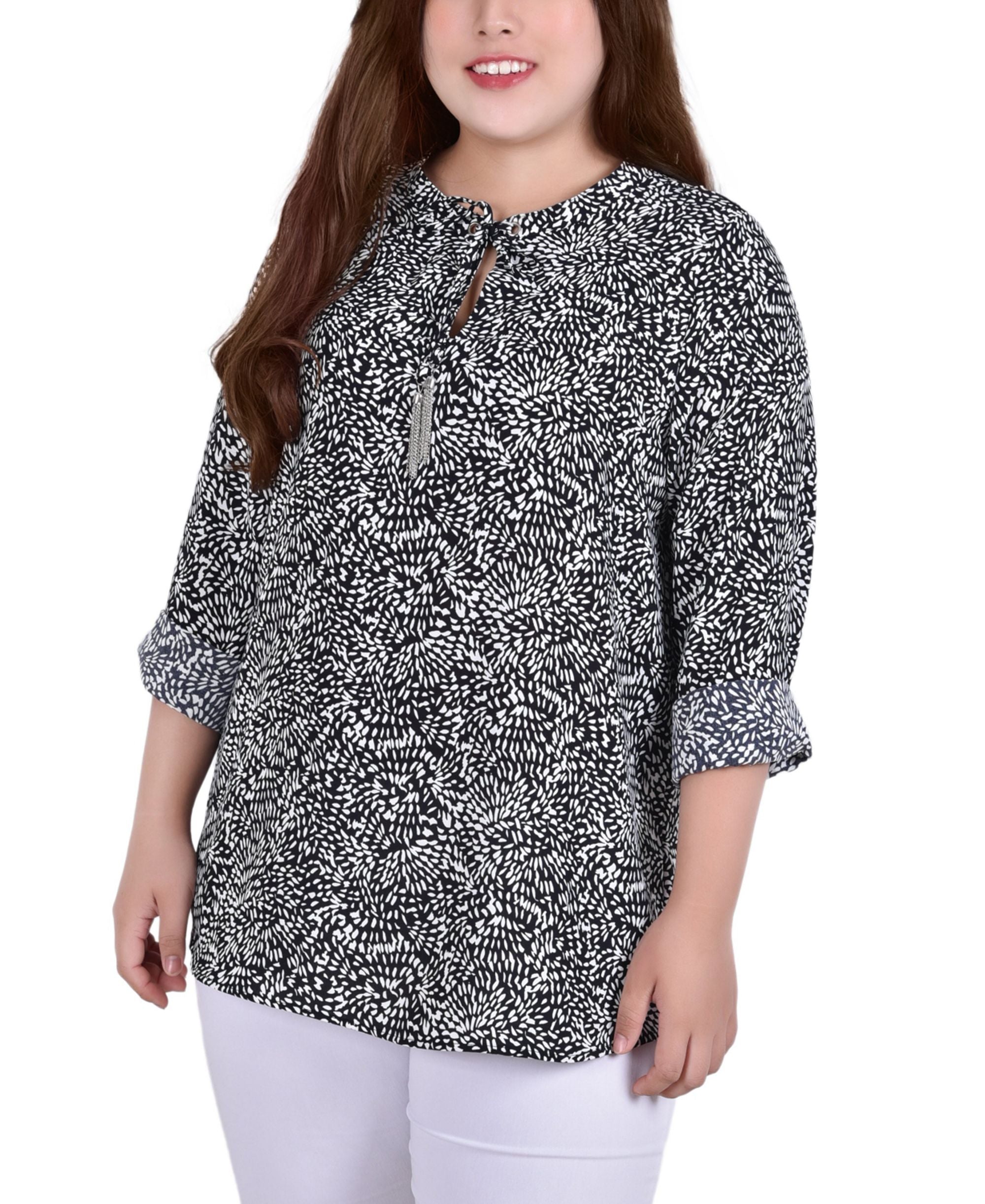 Plus Size Long Sleeve Tie Neck Blouse With Tassels