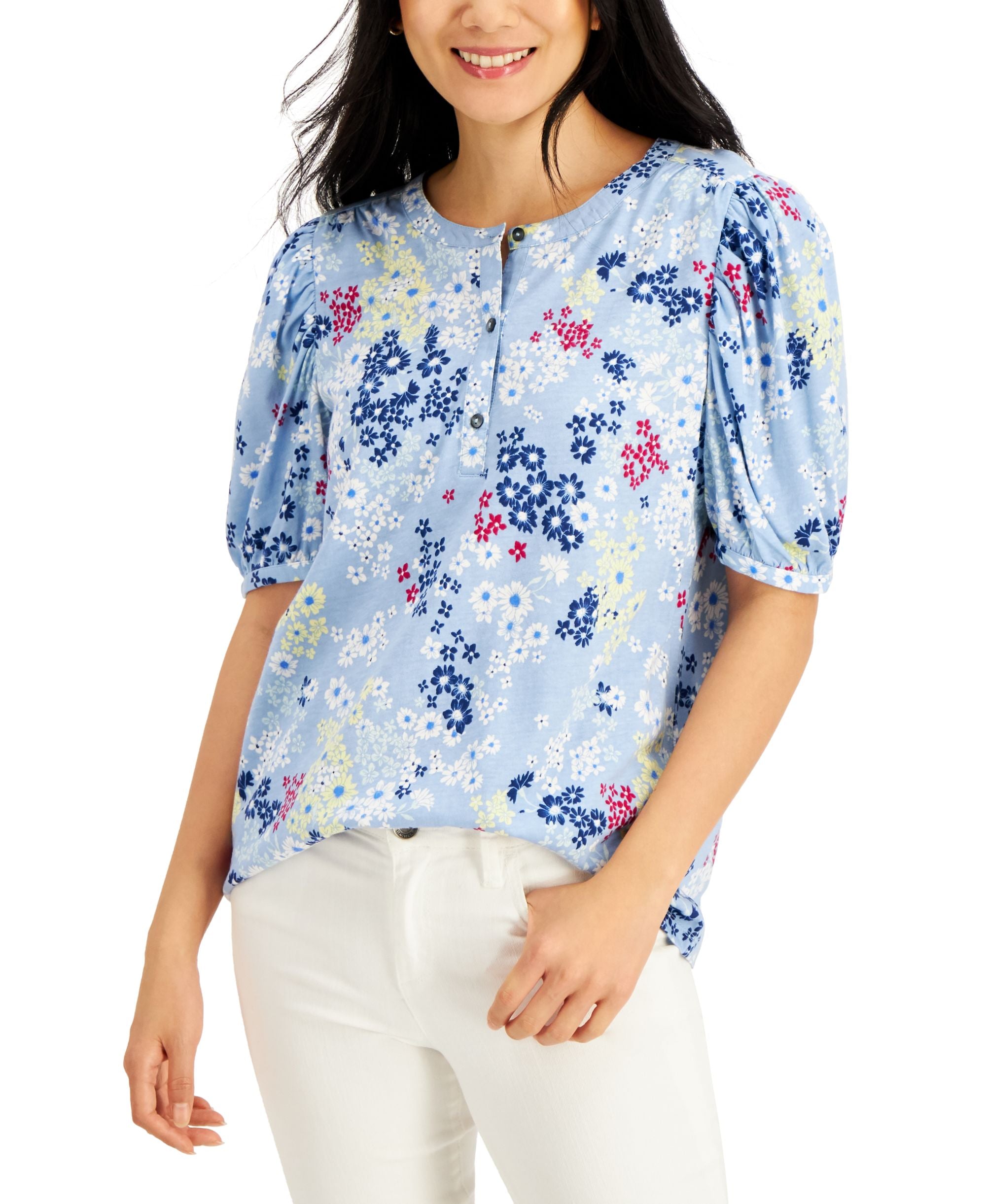 Style & Co Petite Floral Print Poet Blouse
