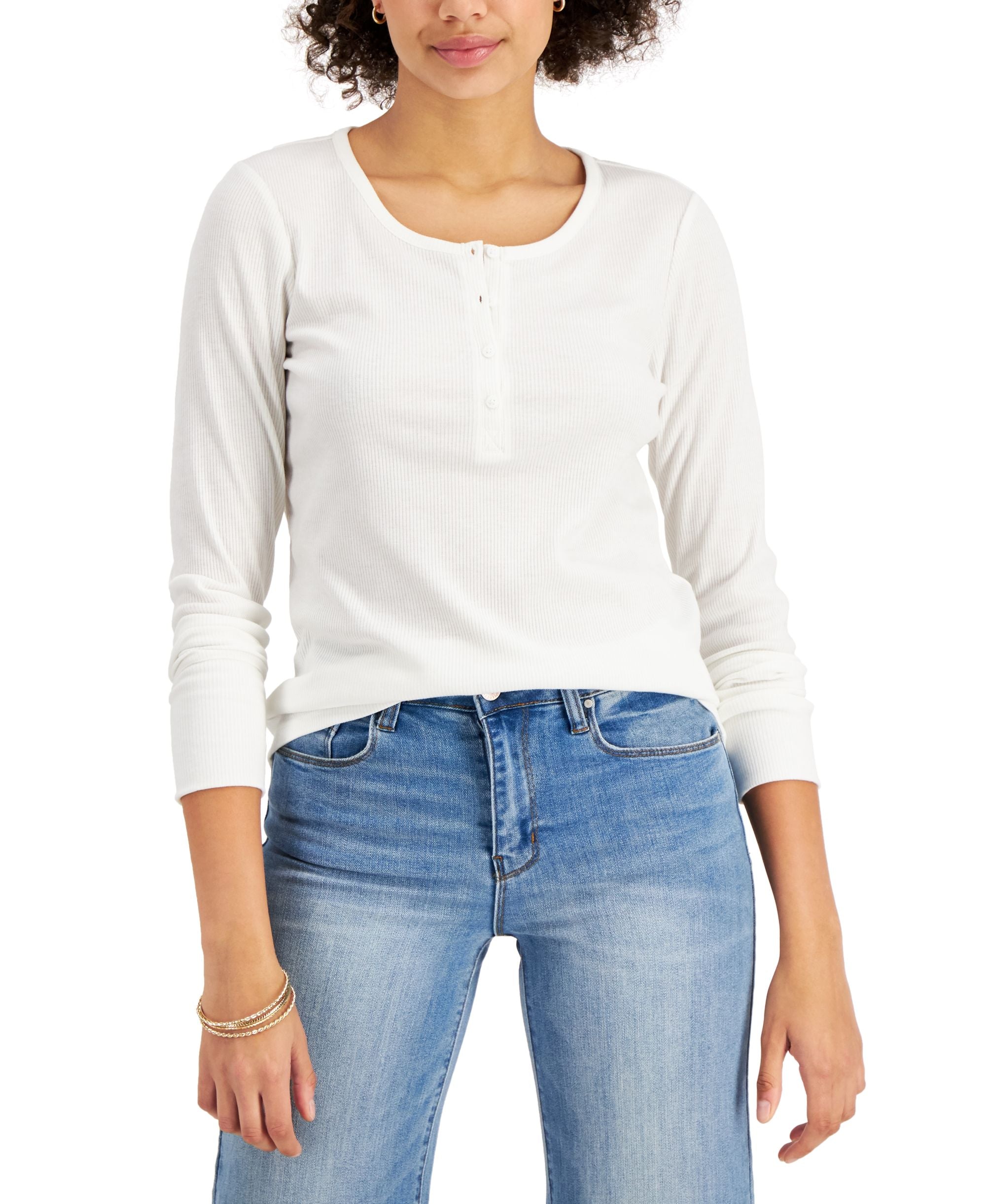 Style & Co Petite Solid Ribbed Henley Top