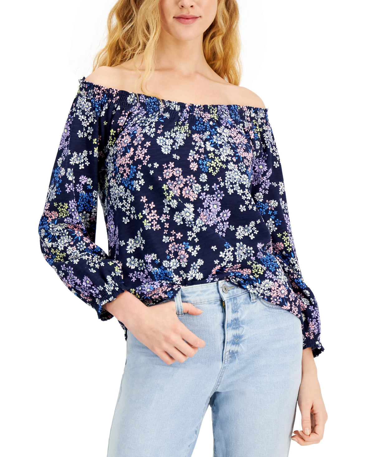 Style & Co Cotton Floral Print Off The Shoulder Top