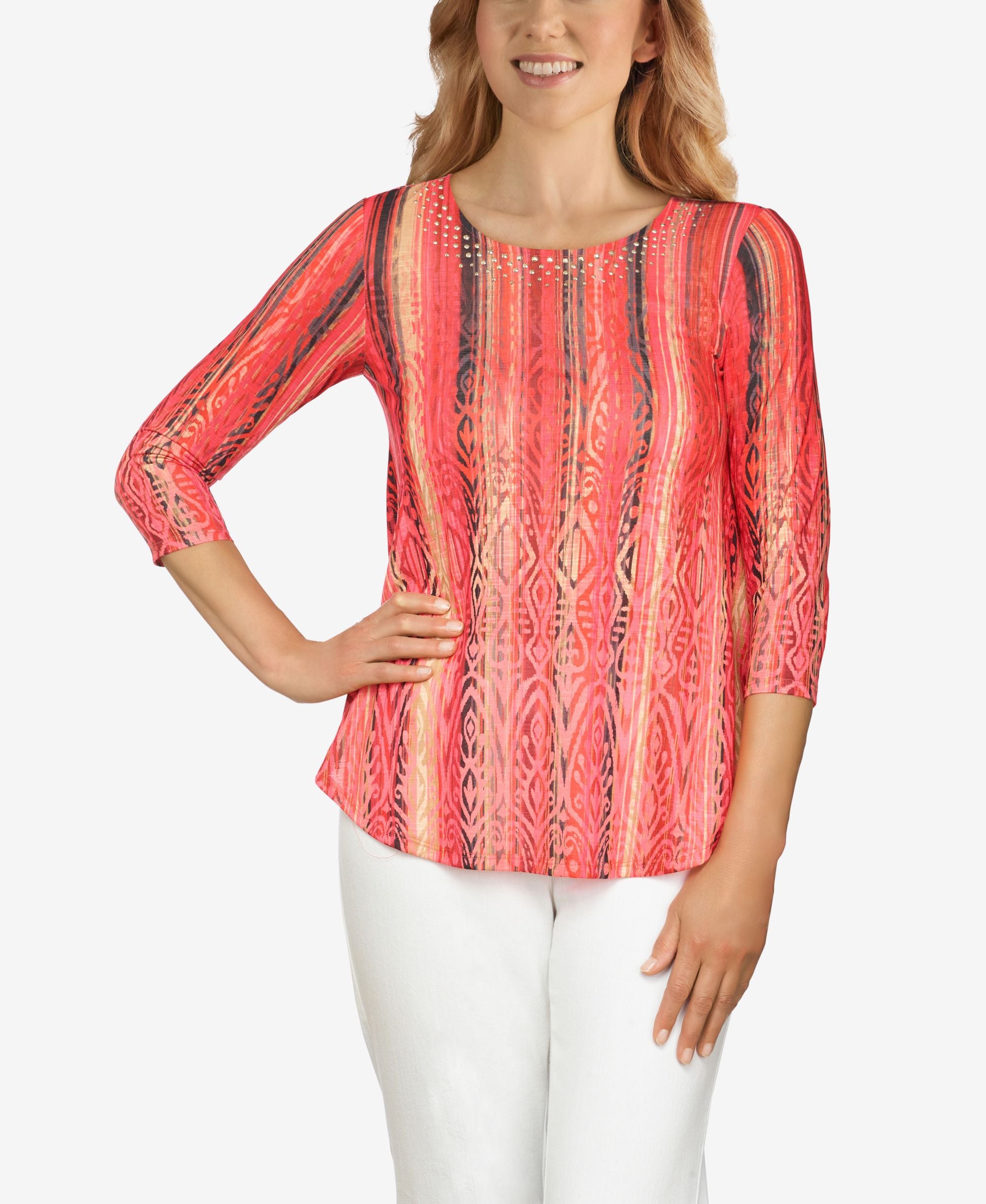 Ruby Rd. Petite Embellished Vertical Ikat Border Printed Top