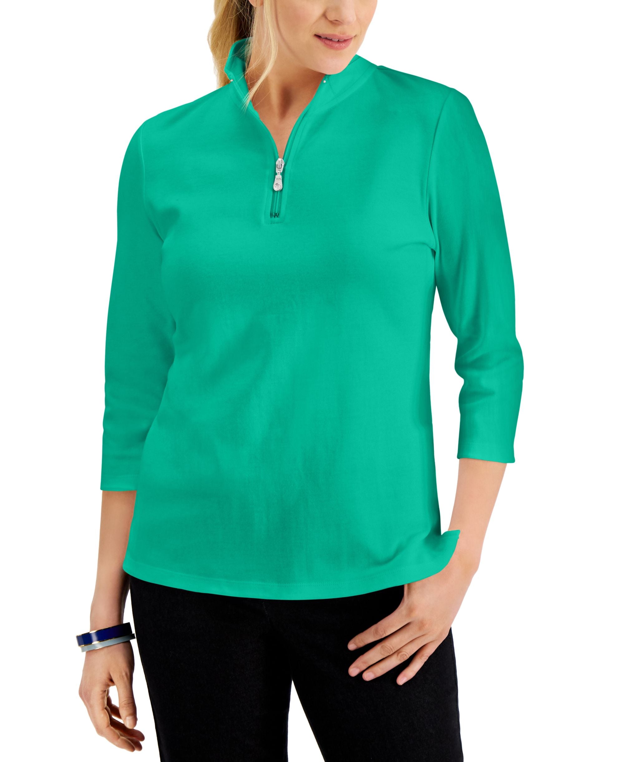 Karen Scott Cotton Zip Neck Top