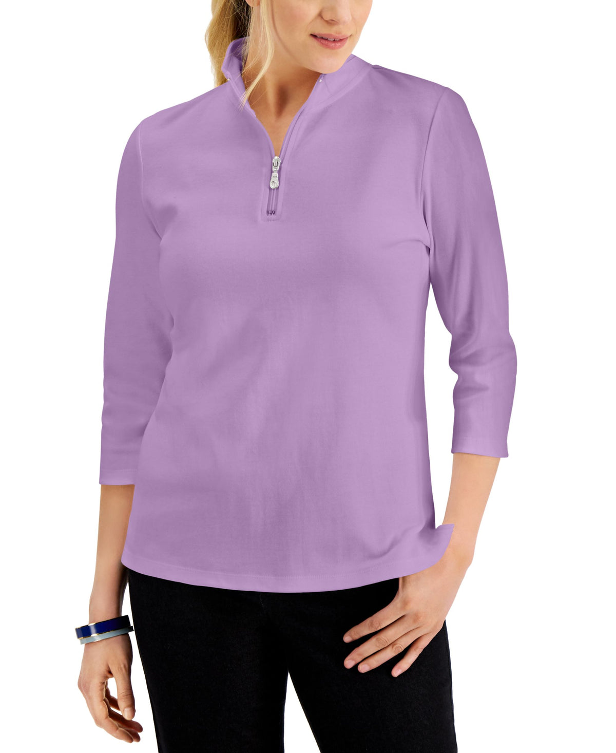Karen Scott Cotton Zip Neck Top
