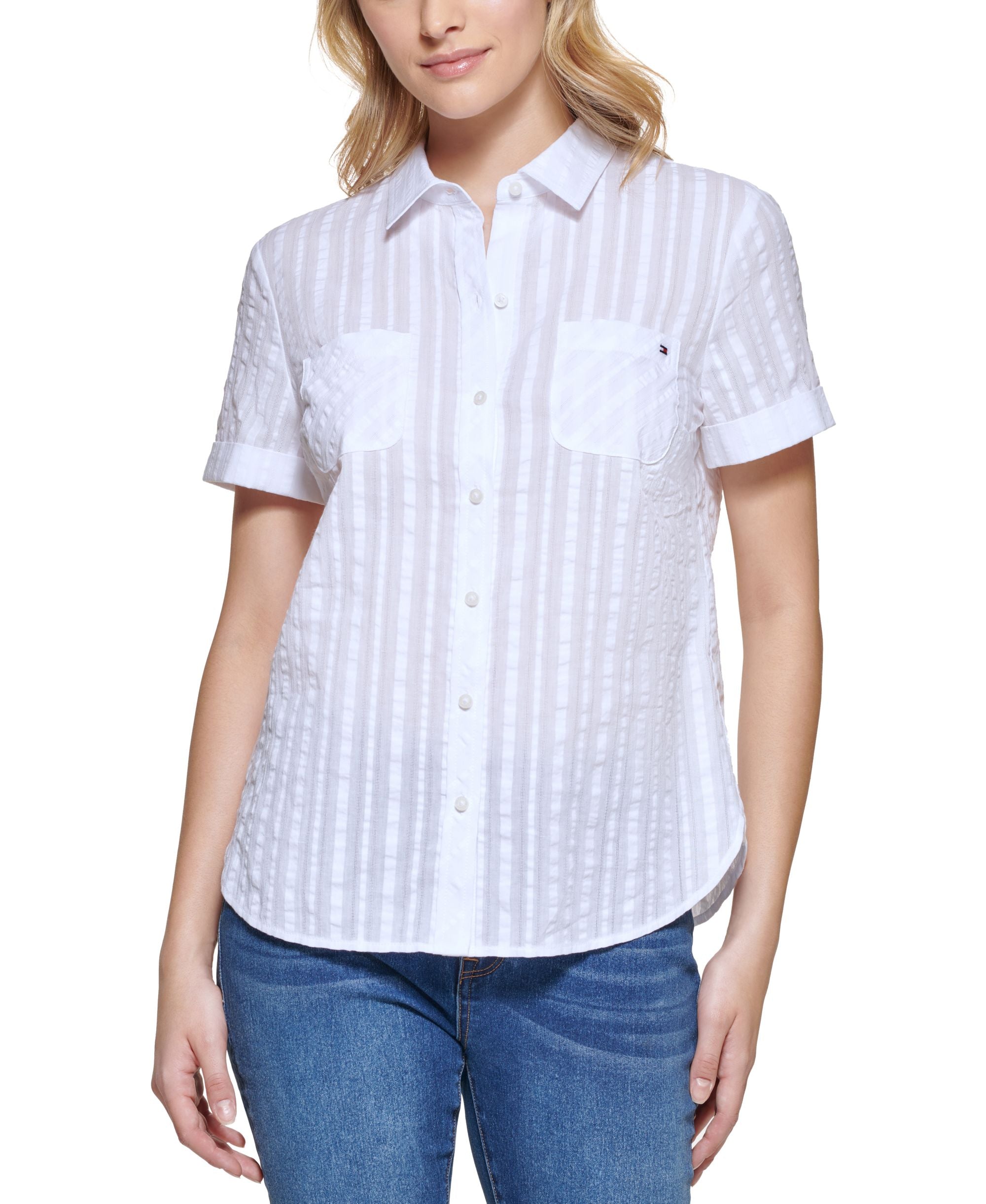Women's Cotton Textured Stripe Camp Shirt
