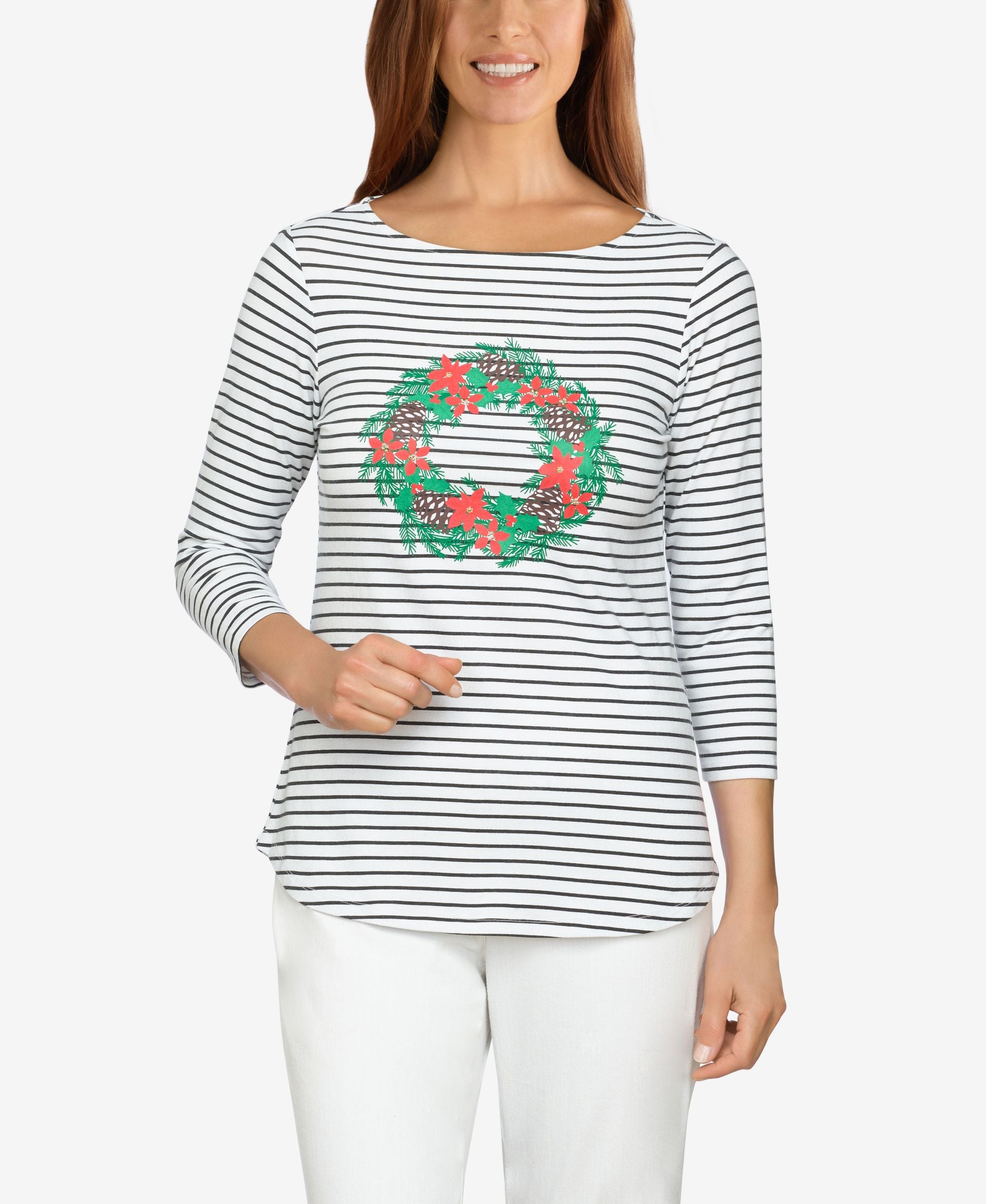 Ruby Rd. Petite Embellished Striped Wreath Top