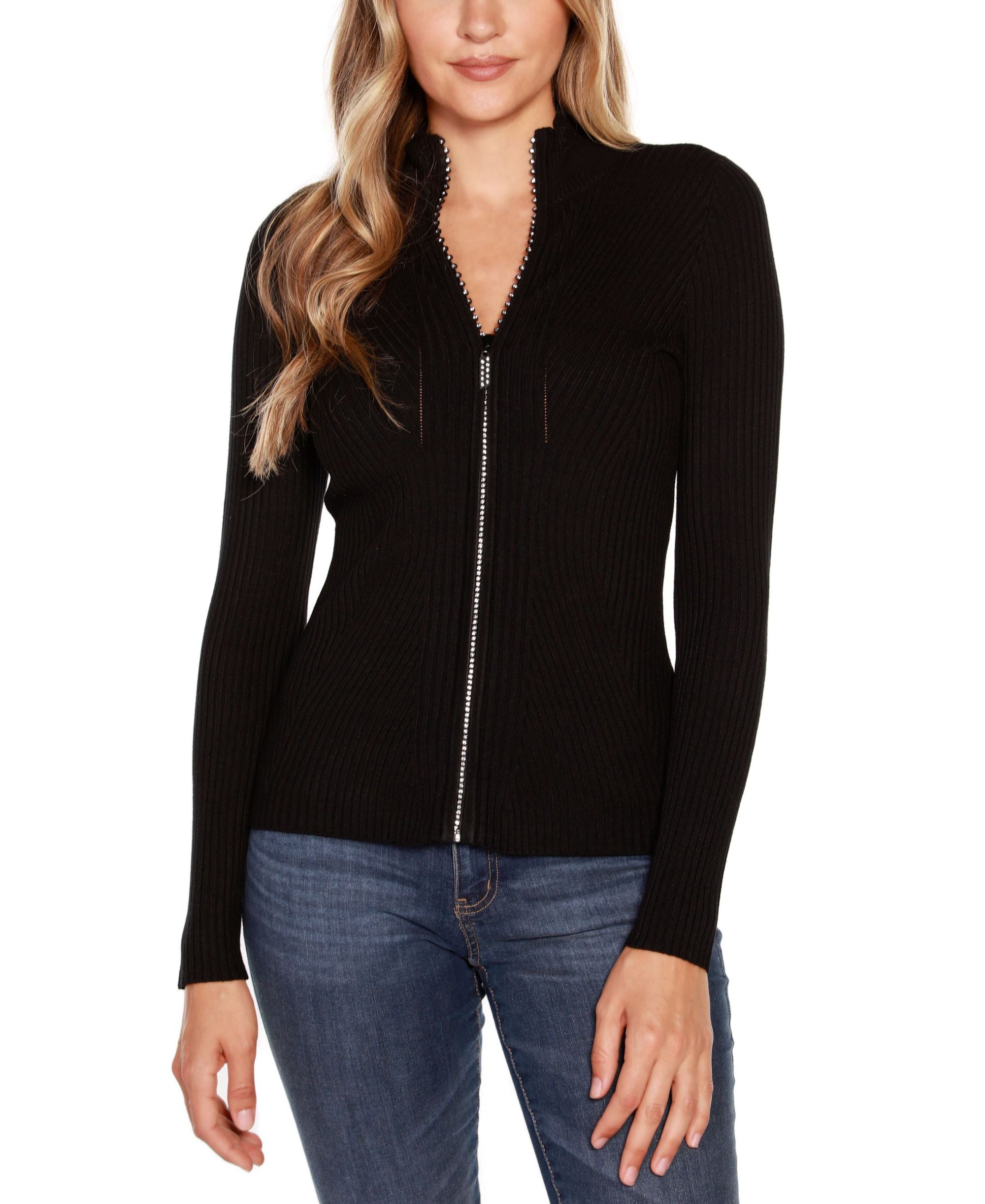 Belldini Black Label Petite Mock Neck Ribbed Sweater Zip Up