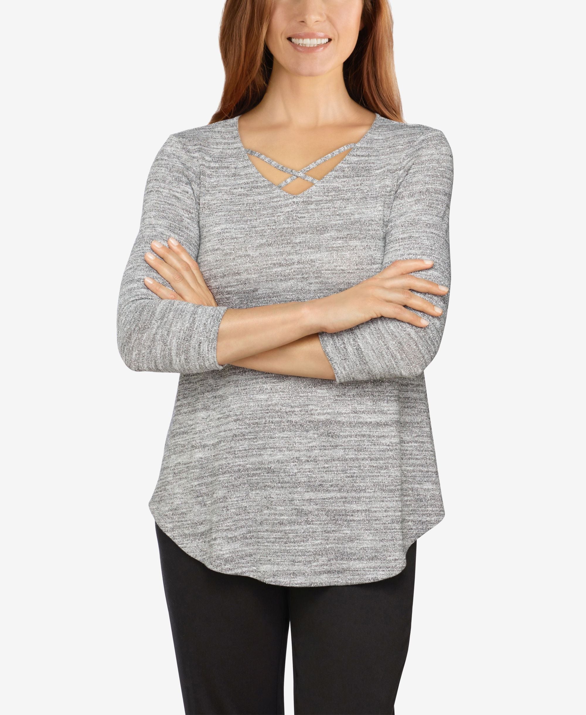 Ruby Rd. Womens Misses Marled Metallic Hatchi Crisscross Top