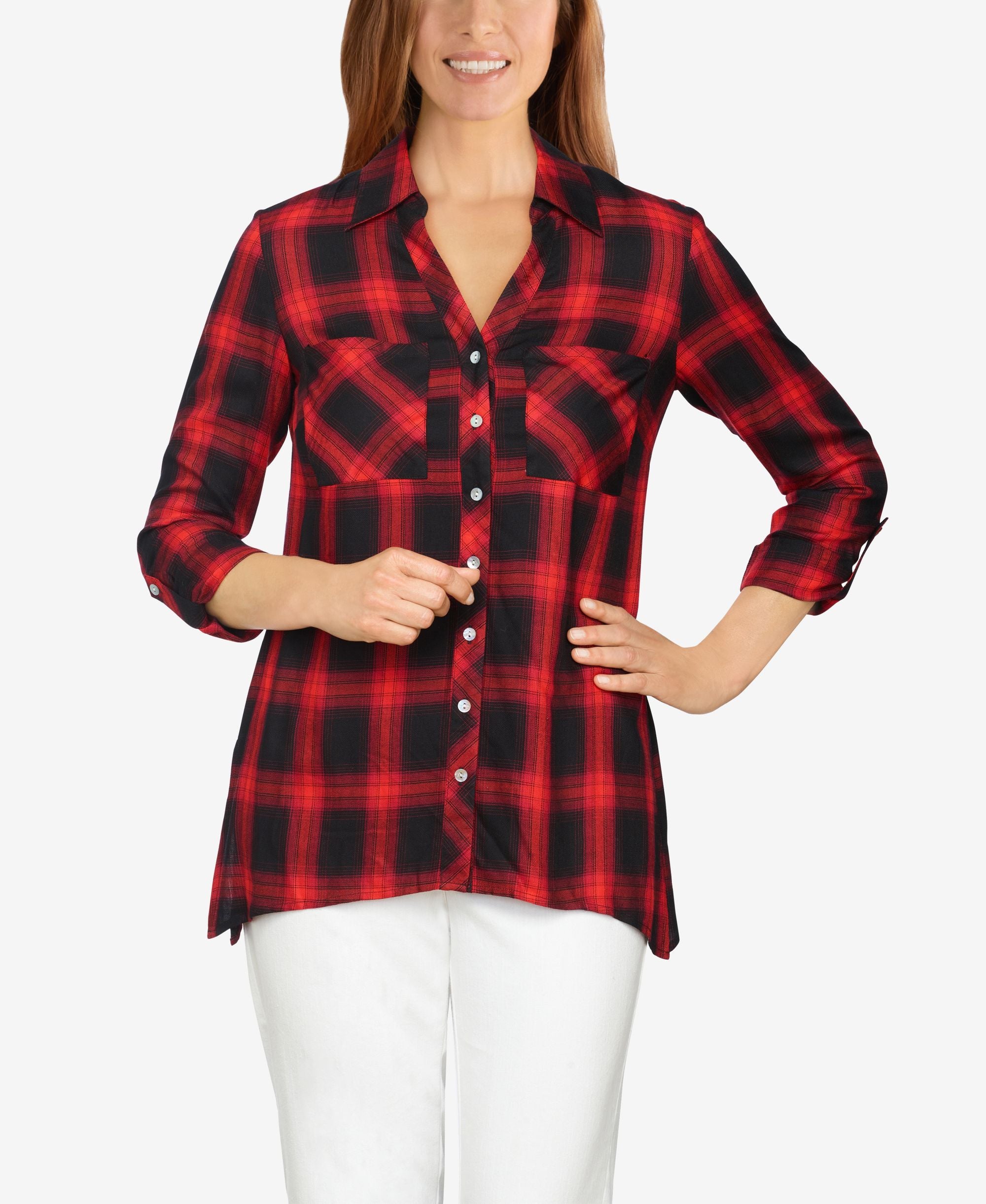 Ruby Rd. Plus Size Plaid Button Front Handkerchief Top