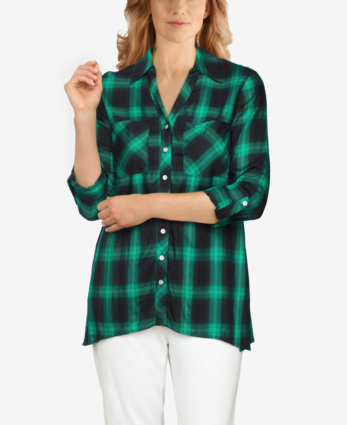 Ruby Rd. Plus Size Plaid Button Front Handkerchief Top