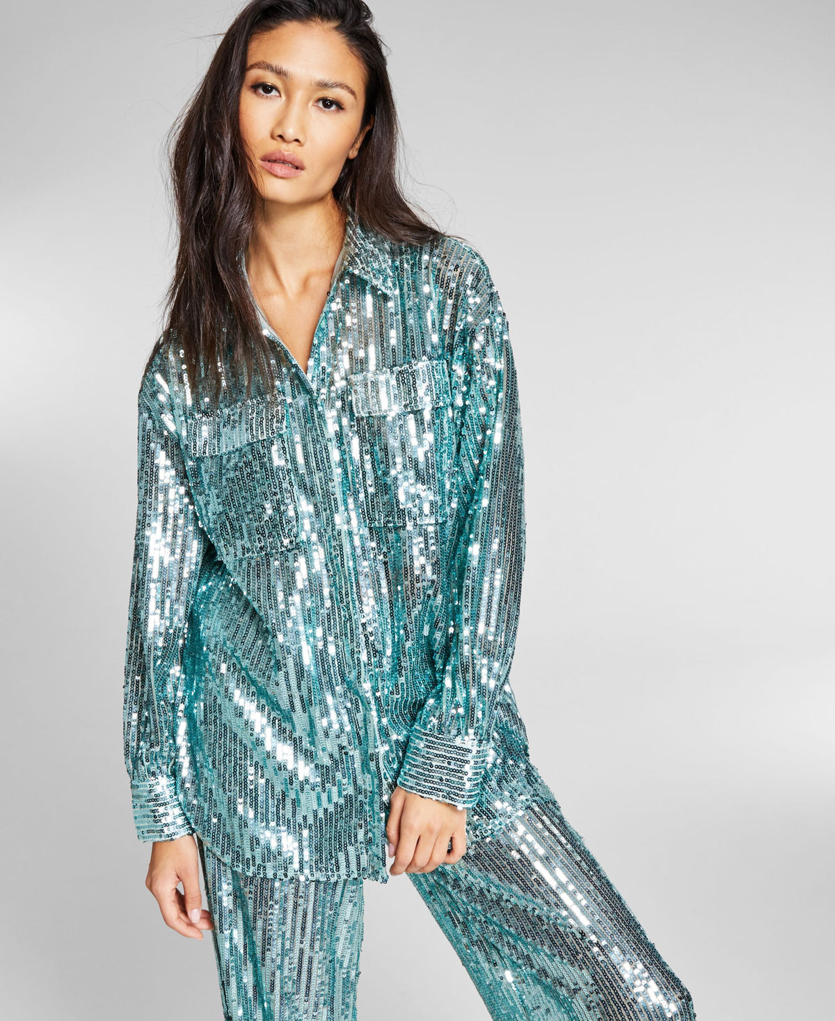 Jeannie Mai X Inc Sheer Sequin Oversized Shirt