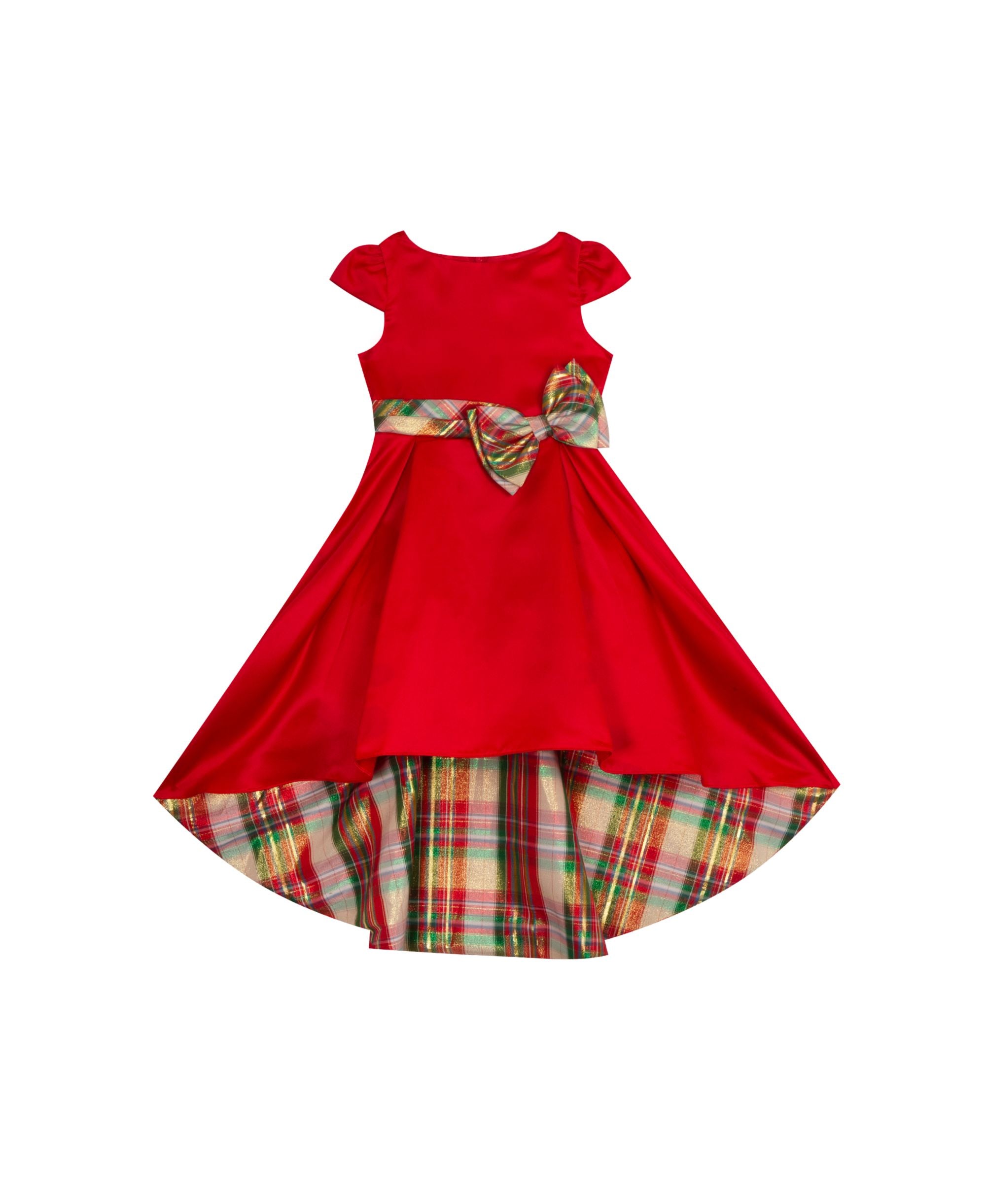 Toddler Girls Satin Dress With Plaid Waistband Bow