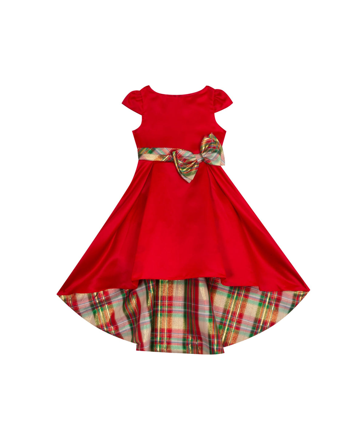 Toddler Girls Satin Dress With Plaid Waistband Bow