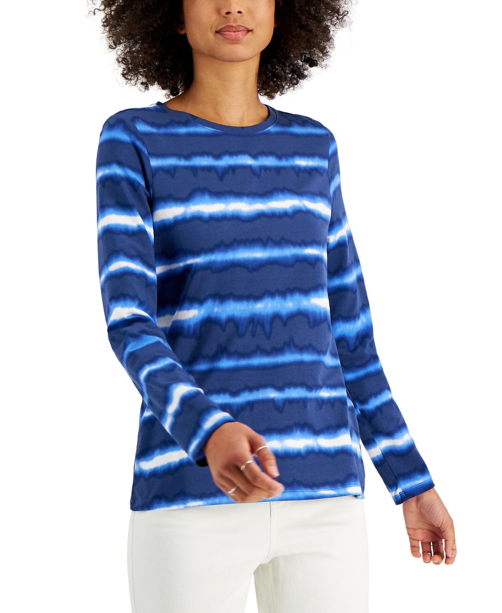 Style & Co Sunray Striped Long Sleeve Crewneck Top