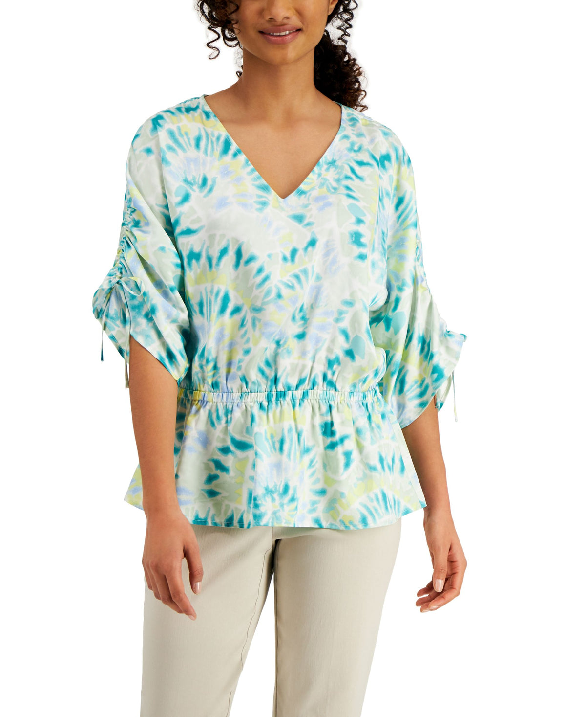 JM Collection Printed V Neck Gathered Waist Top