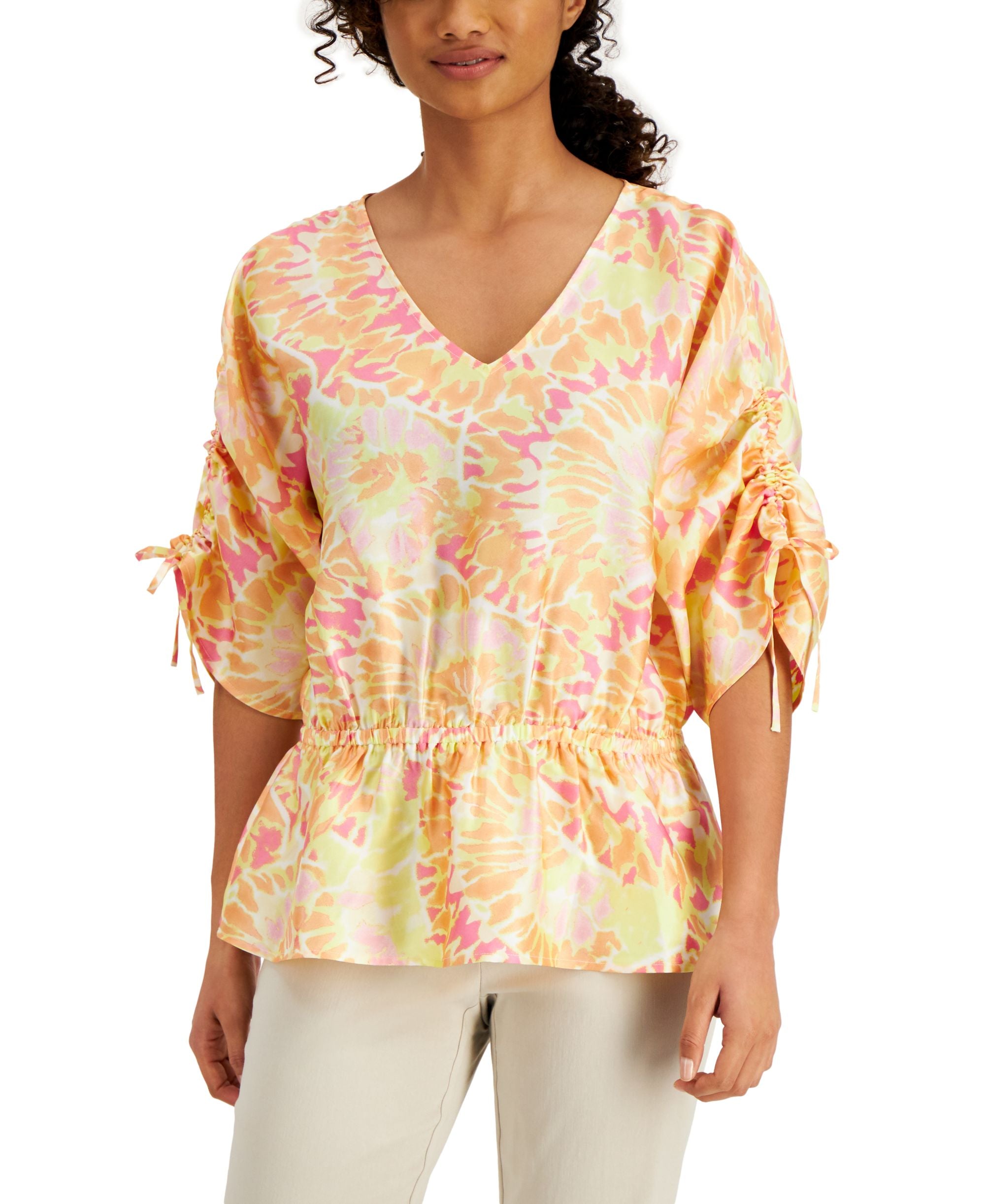 JM Collection Printed V Neck Gathered Waist Top