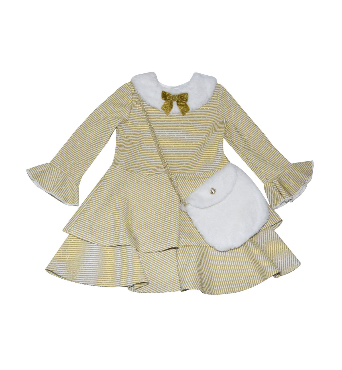 Little Girls Trimmed Lurex Stripe Dress With Attached Purse Set 2 Piece