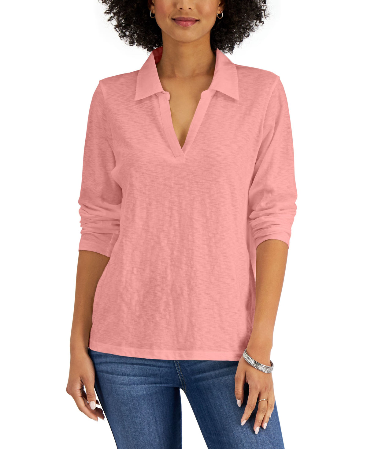 Karen Scott Petite Long Sleeve Polo Top