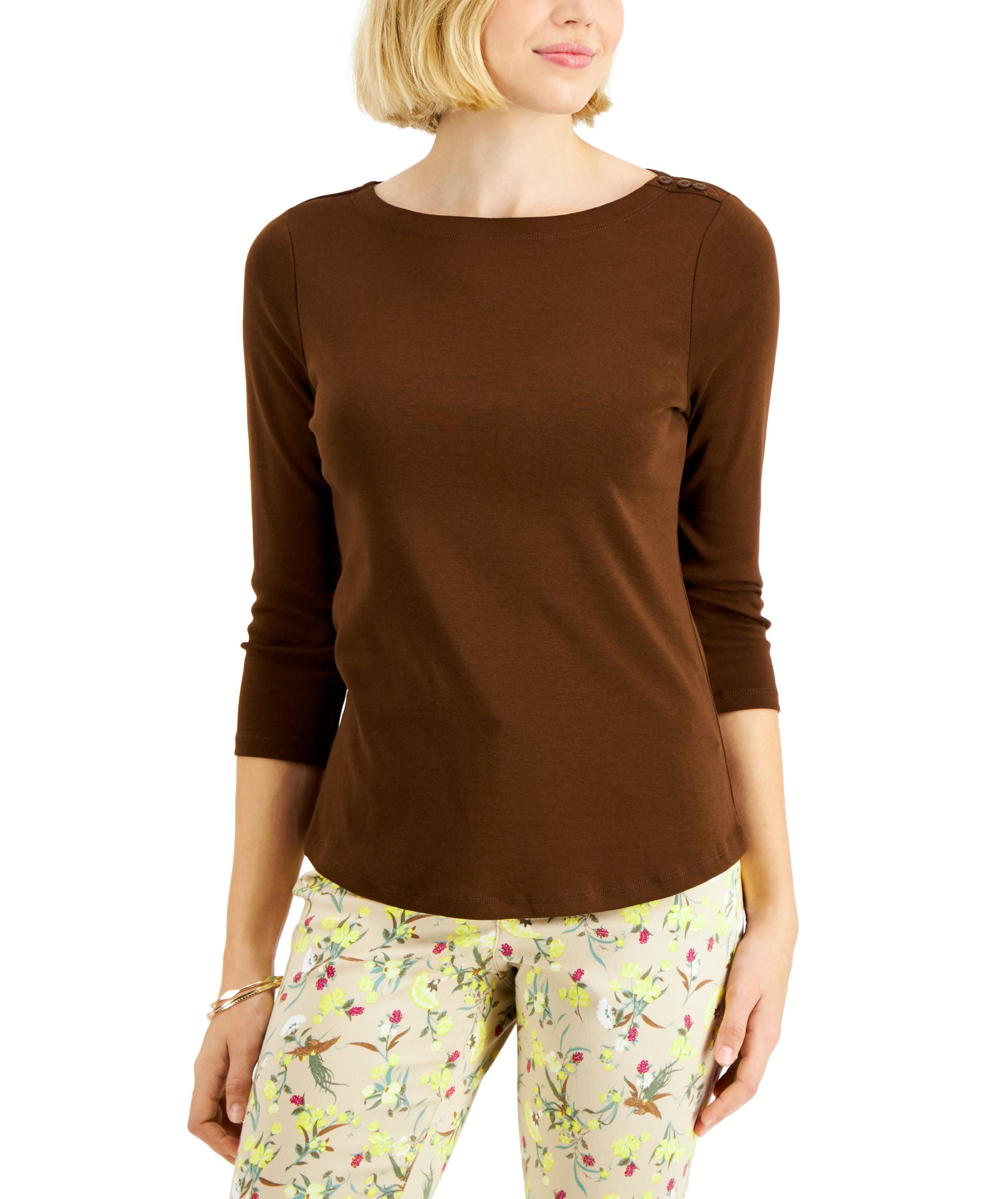 Charter Club Pima Cotton Boat Neck Button Shoulder Top