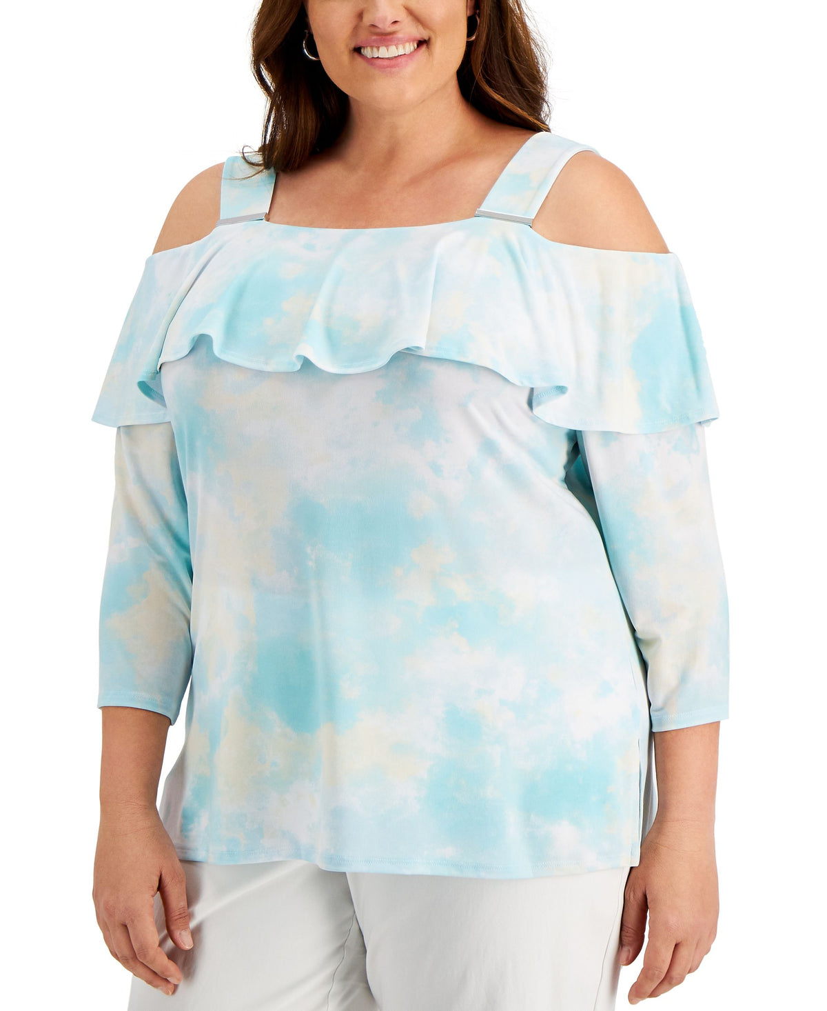 JM Collection Plus Size 3/4 Sleeve Ruffle Tier Top