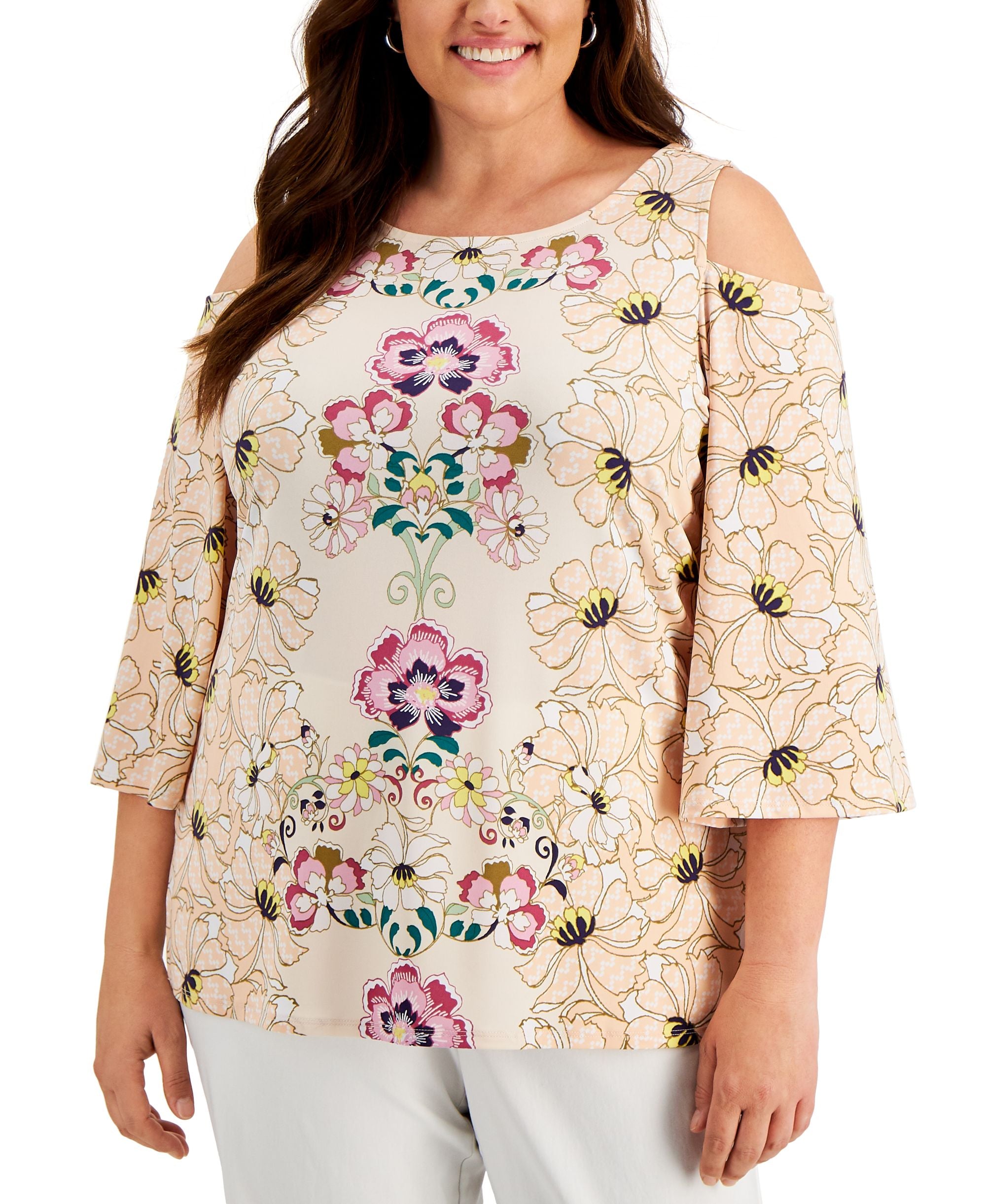 JM Collection Plus Size Cold Shoulder Printed Top