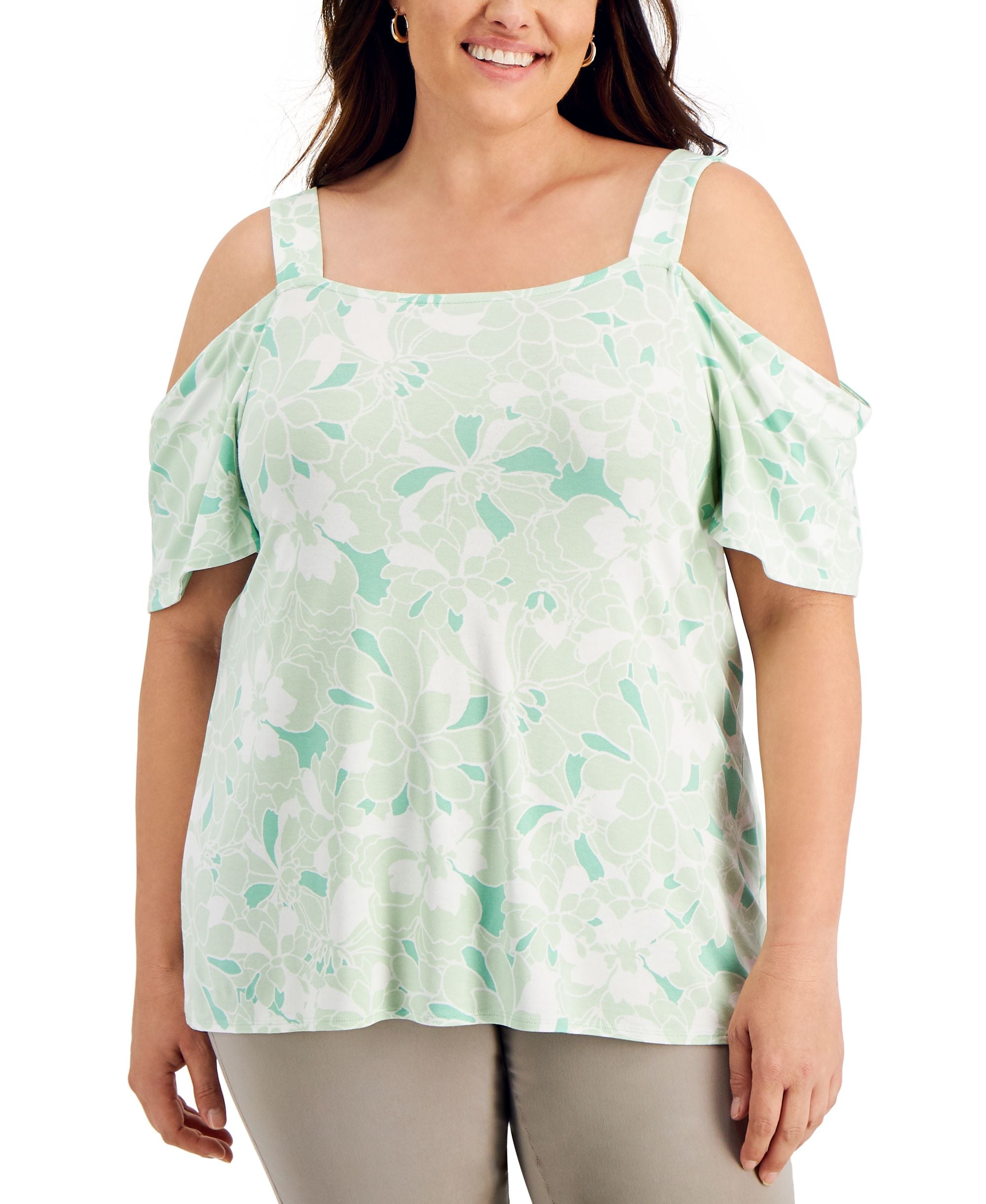 JM Collection Plus Size Floral Print Cold Shoulder Top