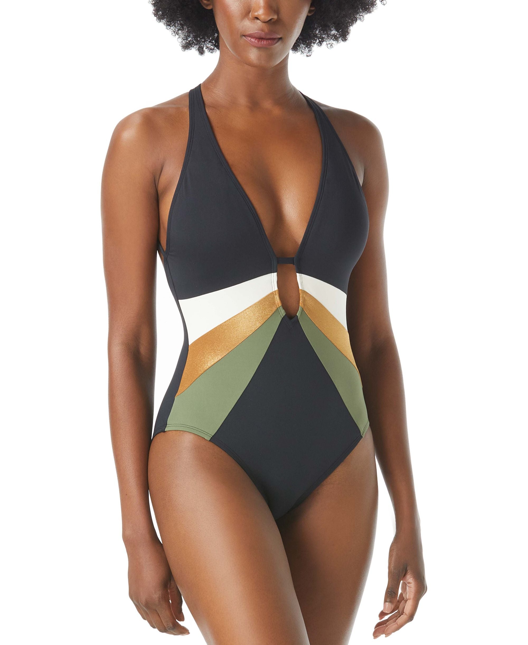 Gold Shimmer Colorblocked Plunging V-Neck One-Piece Swimsuit