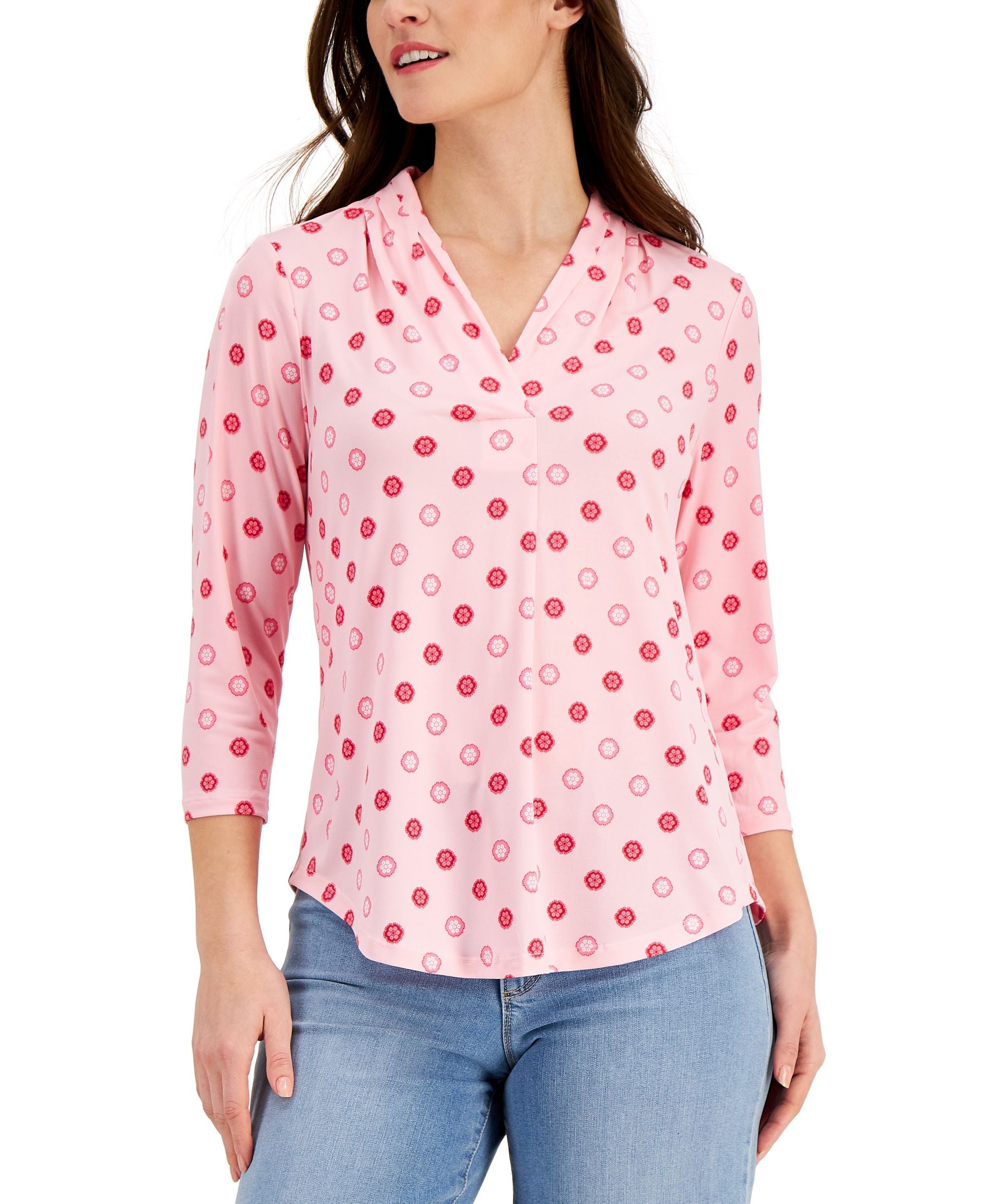 Charter Club Pleated Neck 3/4 Sleeve Top