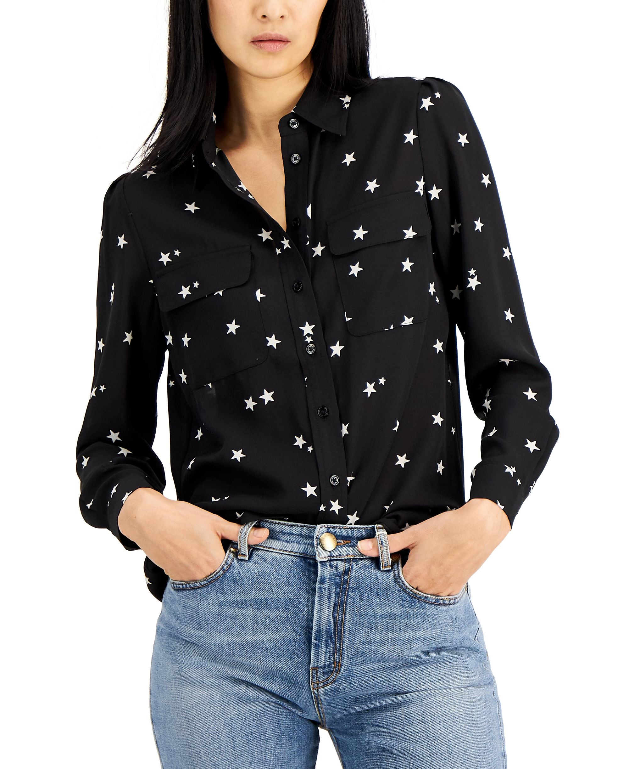 Bar III Star Print Two Pocket Blouse
