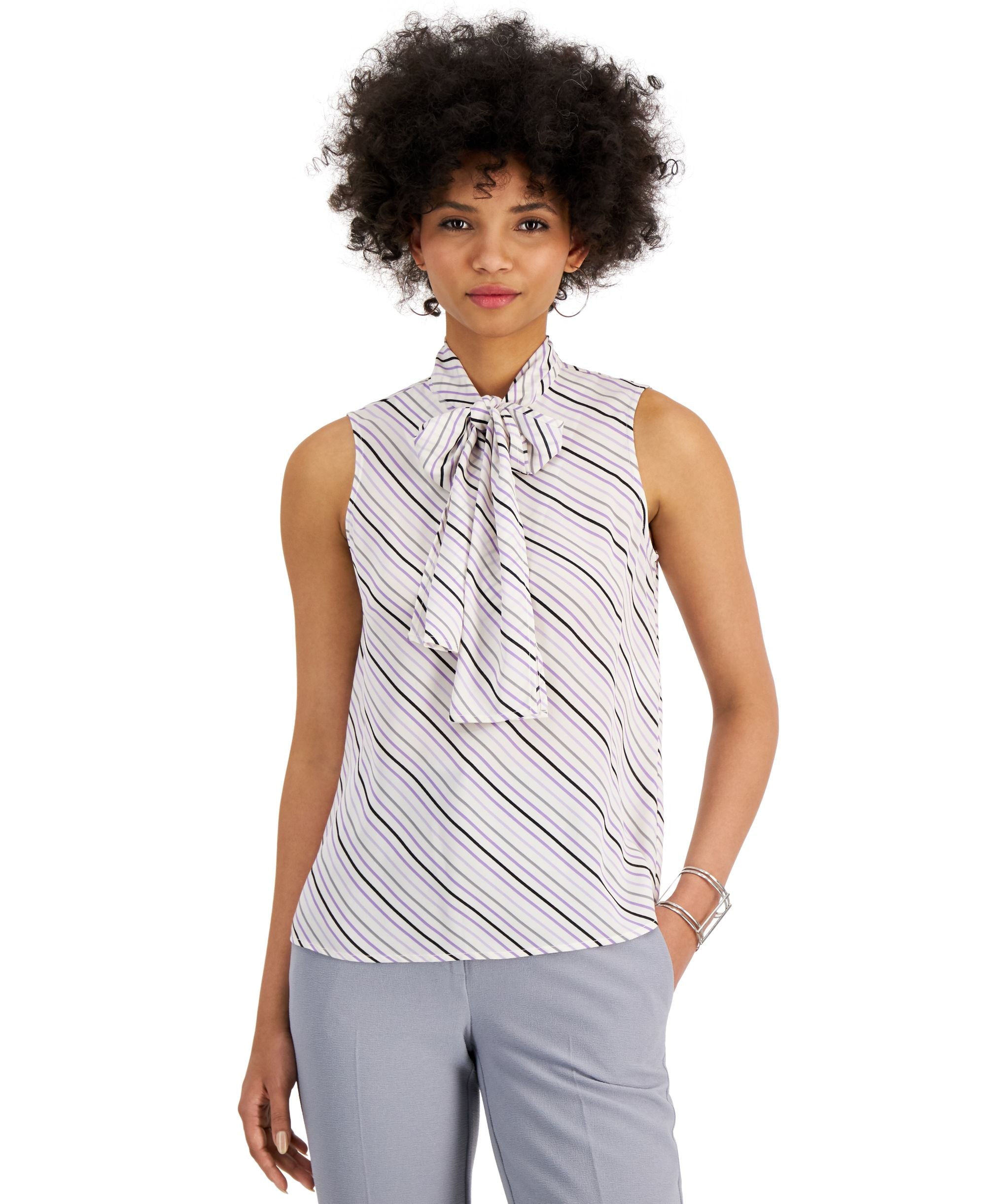 Bar III Striped Tie-Neck Blouse