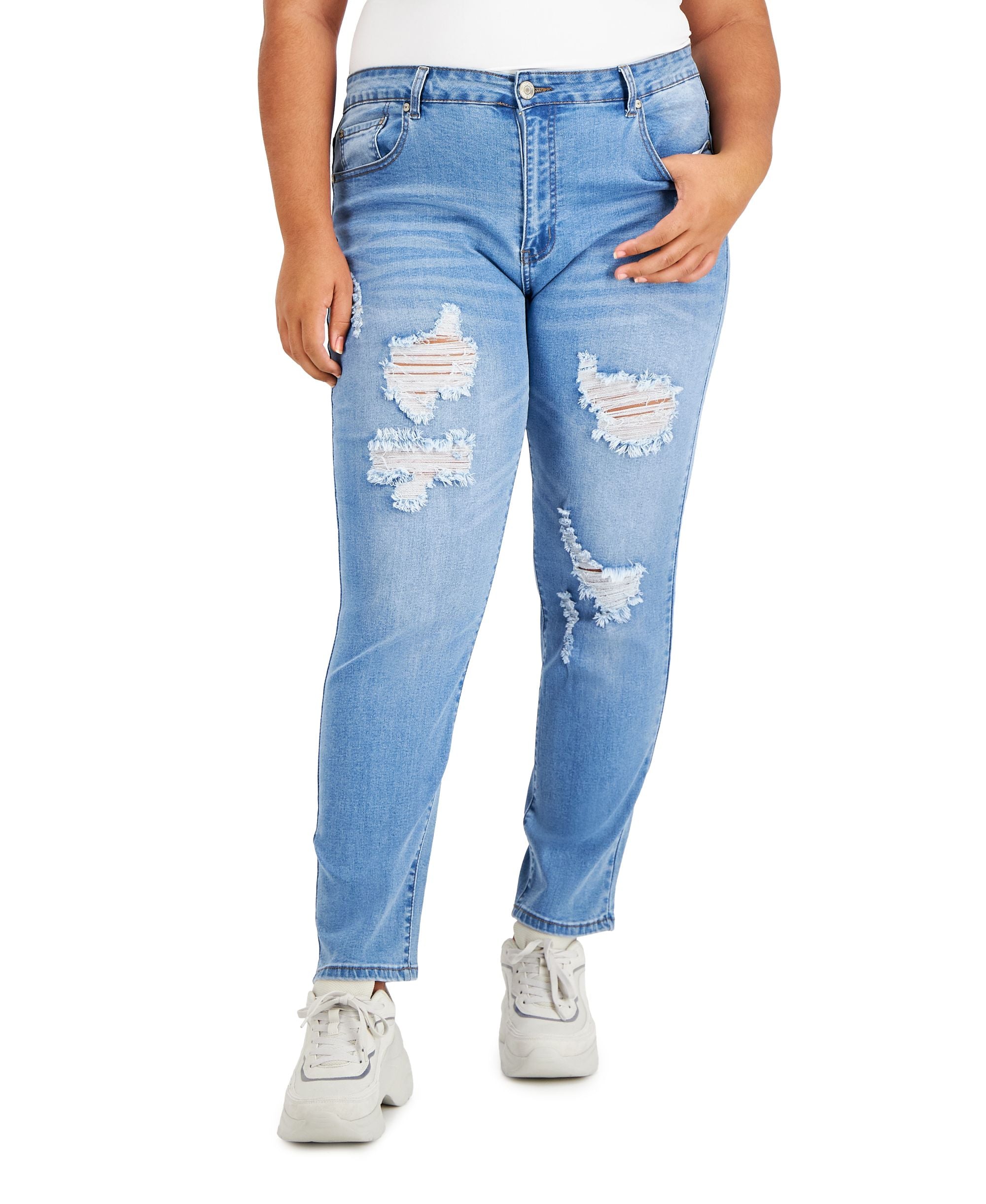 Gogo Jeans Trendy Plus Size High Rise Destructed Straight Leg Jeans