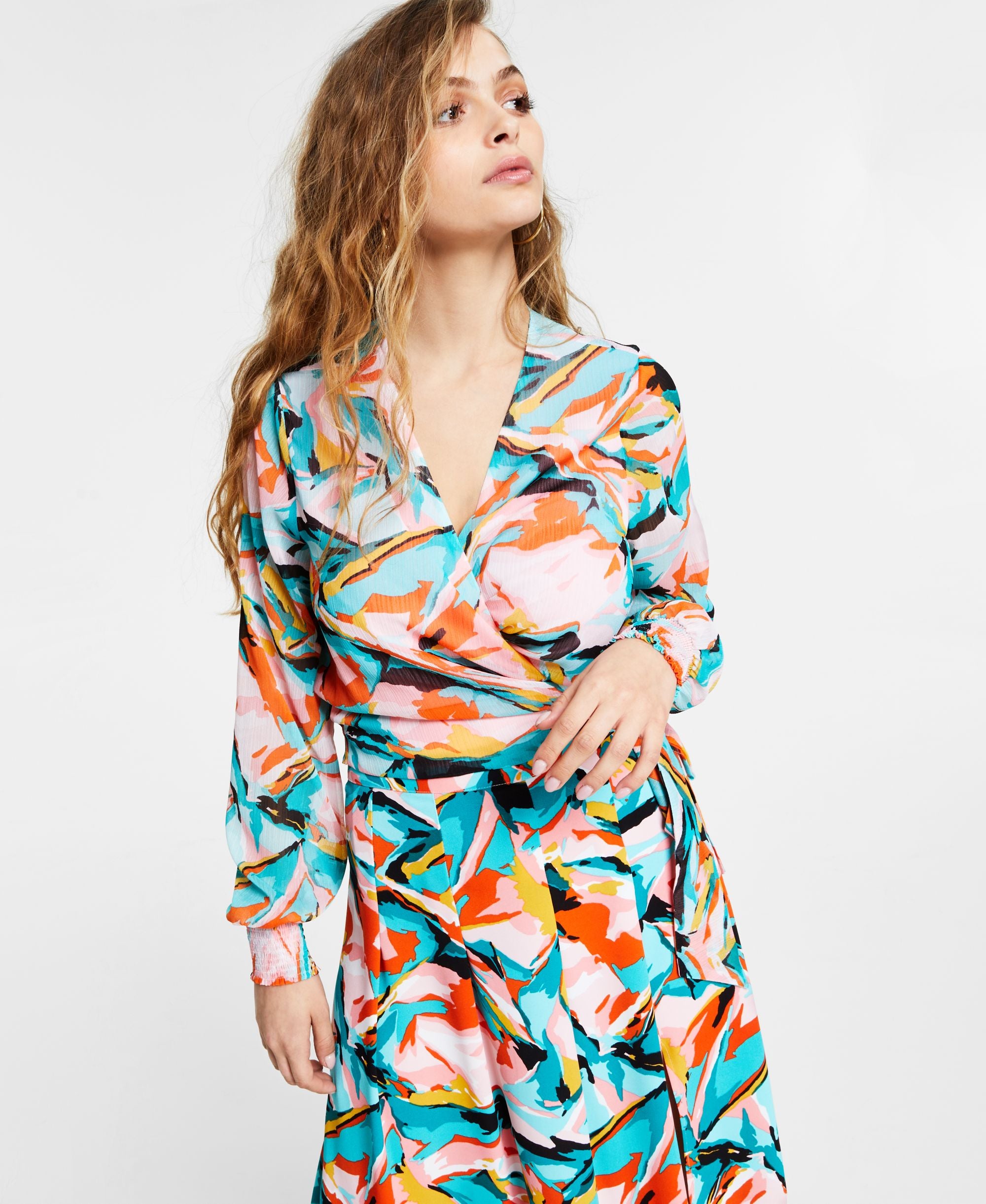 Bar III Printed Tie Waist Wrap Blouse