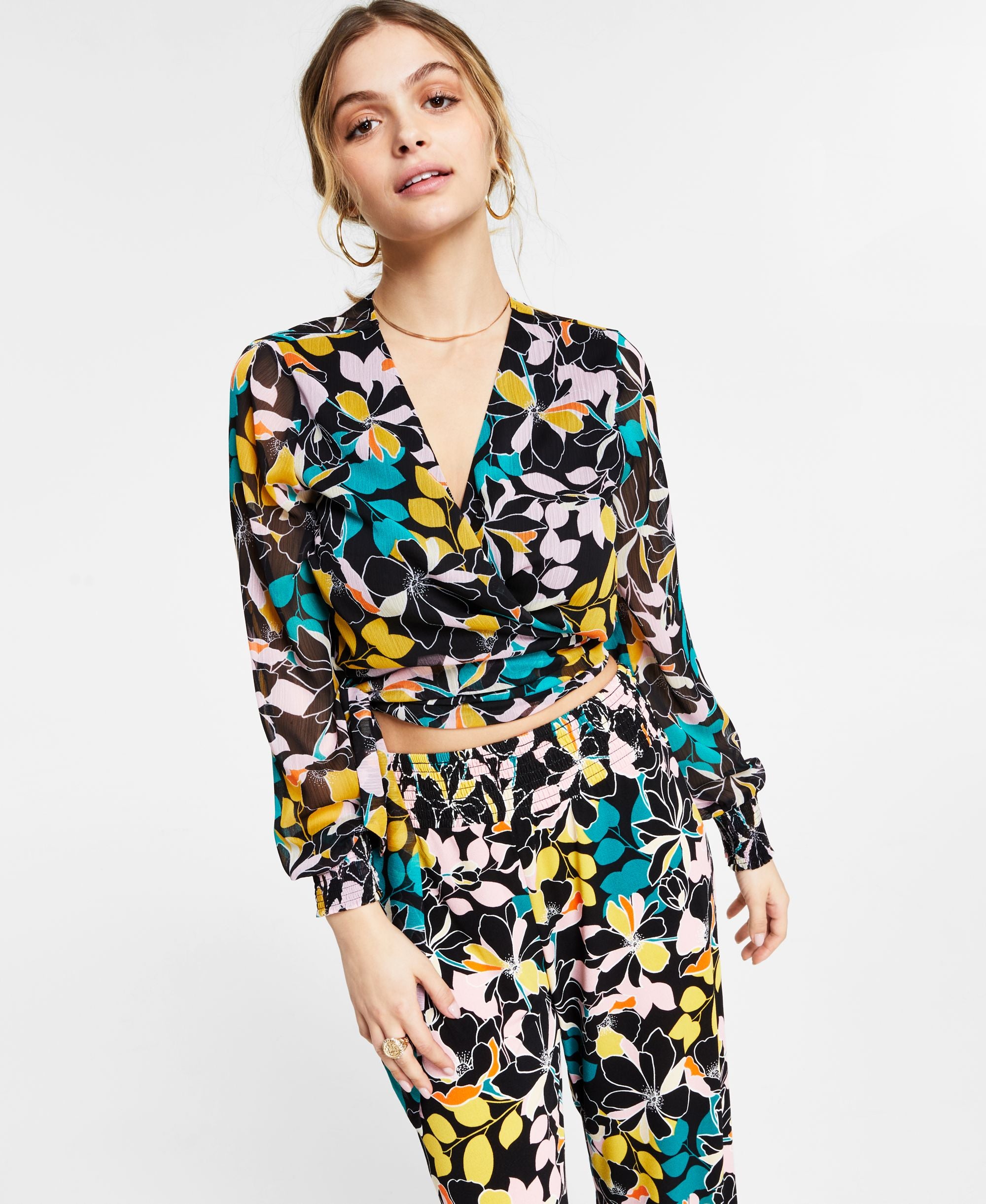 Bar III Printed Tie Waist Wrap Blouse