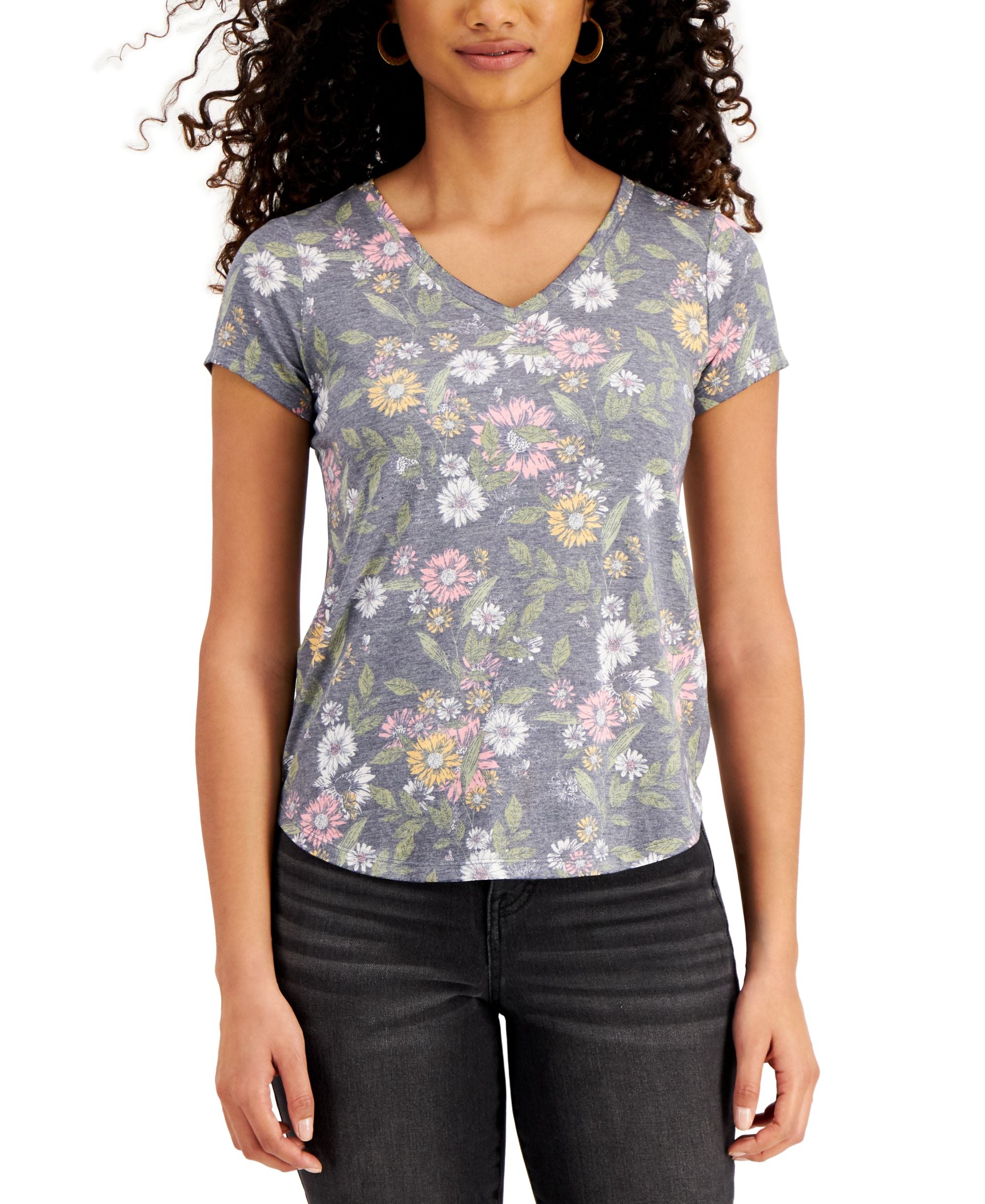 Style & Co Petite Floral Print V Neck T-Shirt