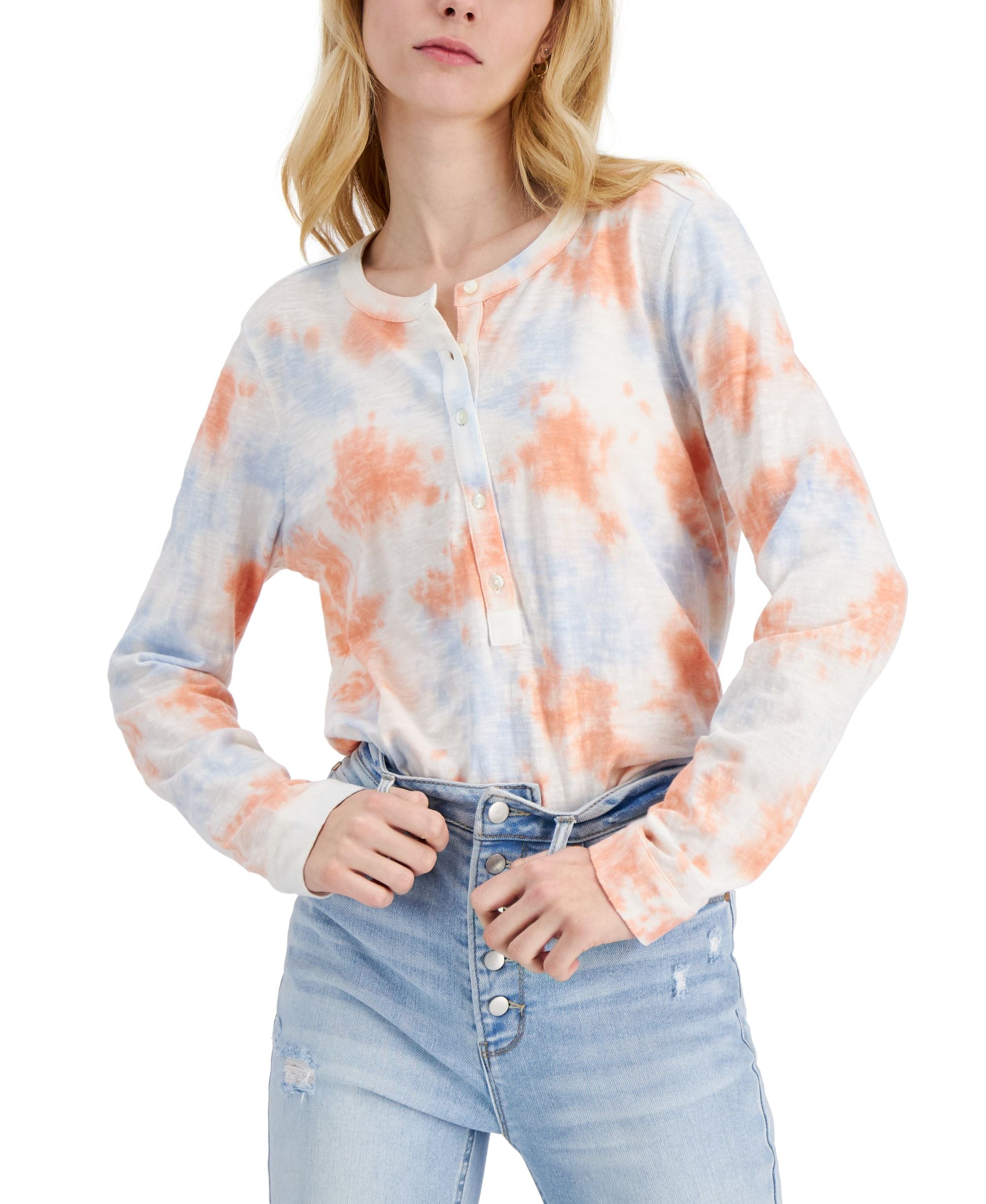 Style & Co Cotton Tie Dyed Print Long Sleeve Top