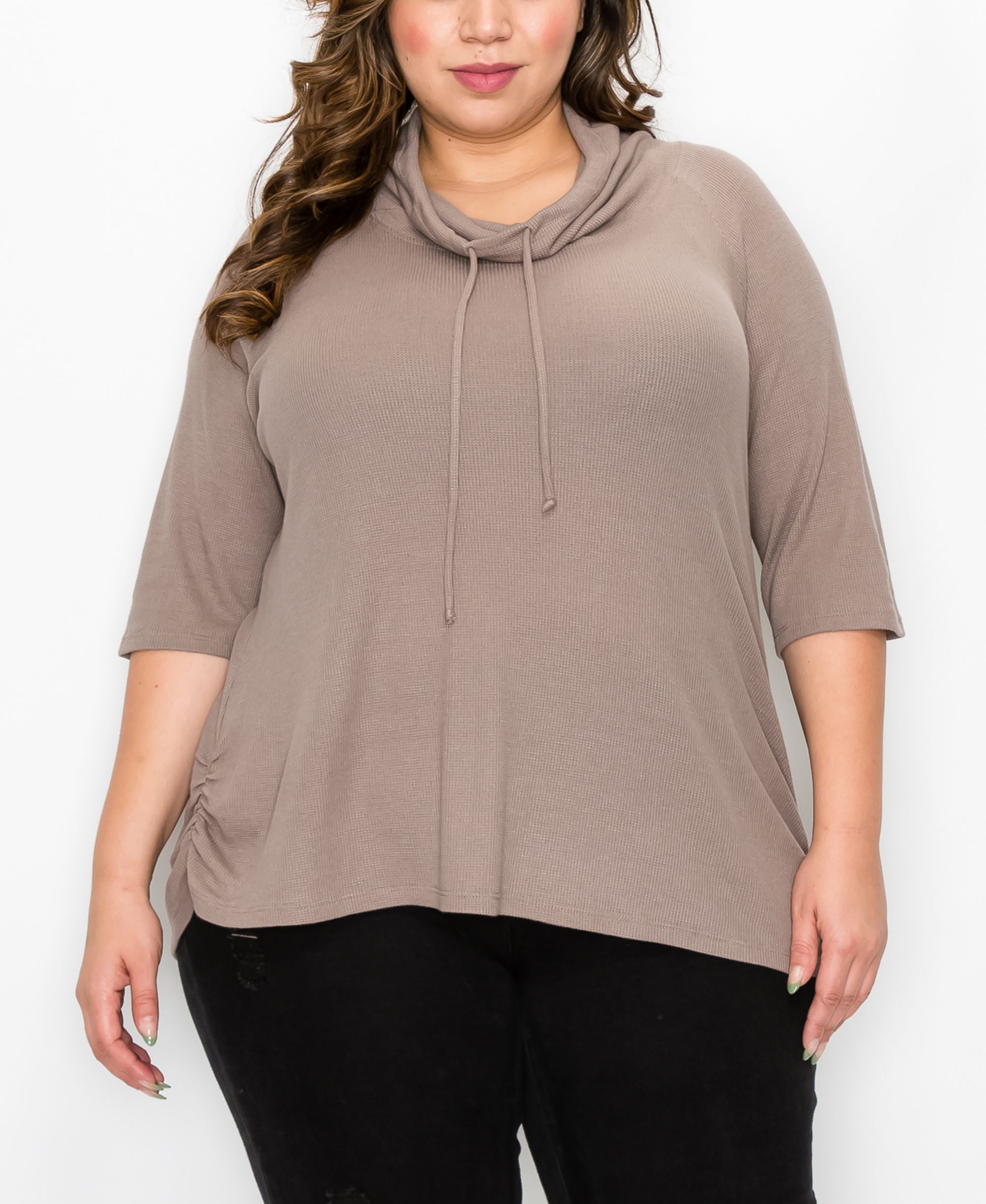 Plus Size Baby Thermal Cowl Neck Side Ruched Top