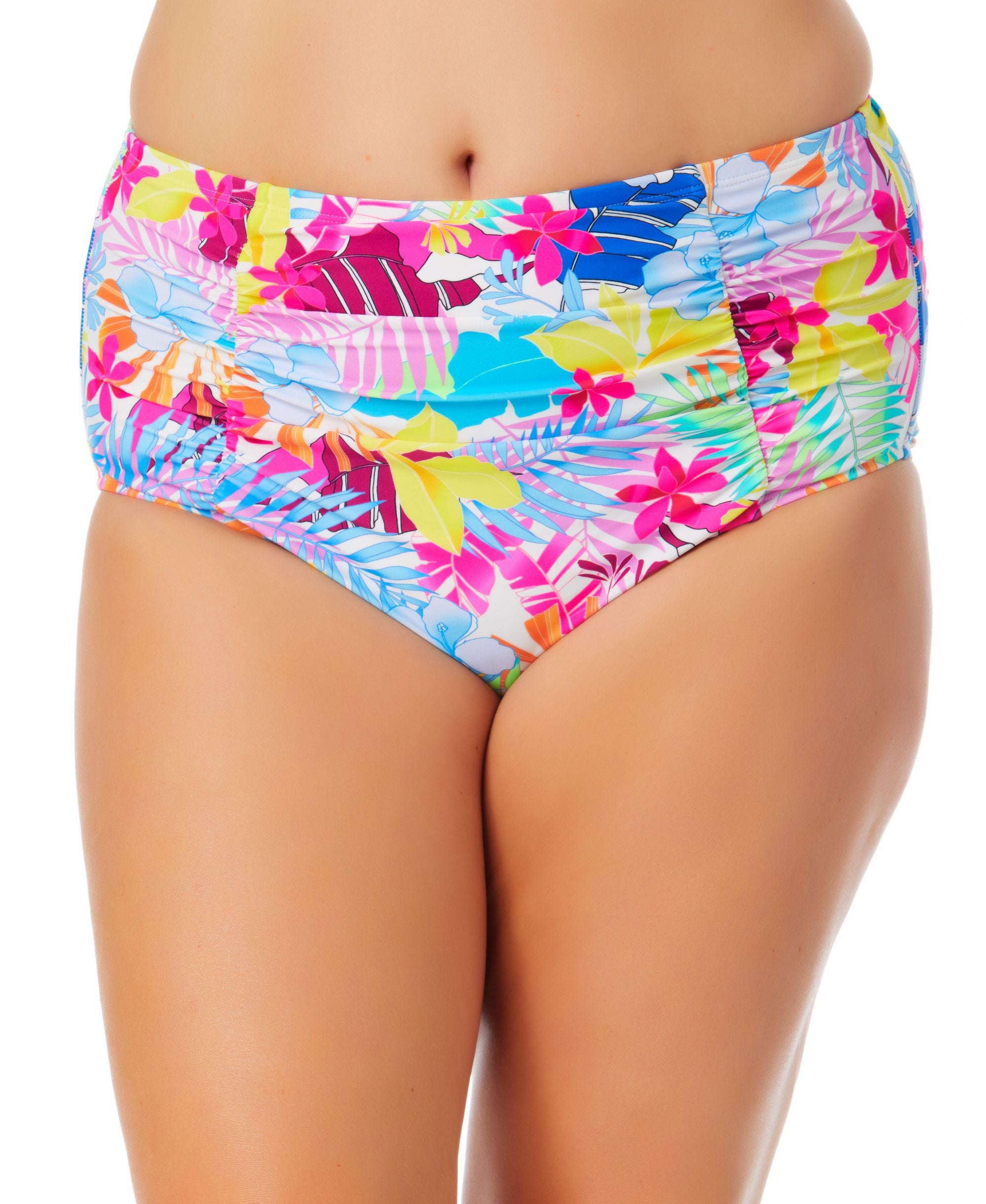 California Waves Trendy Plus Size Tropical Print High-Waist Bikini Bottoms