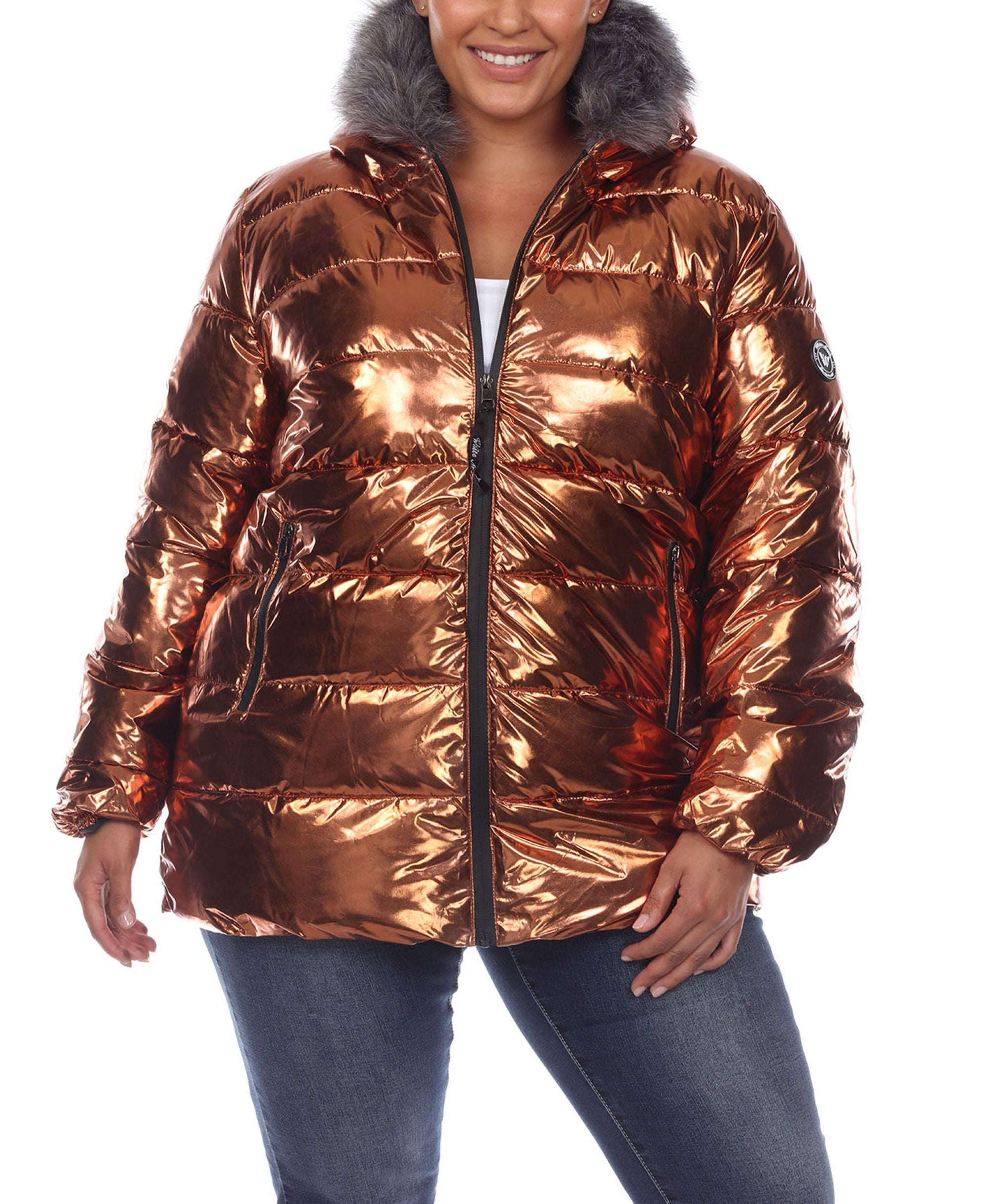 Plus Size Metallic Puffer Coat with Hoodie