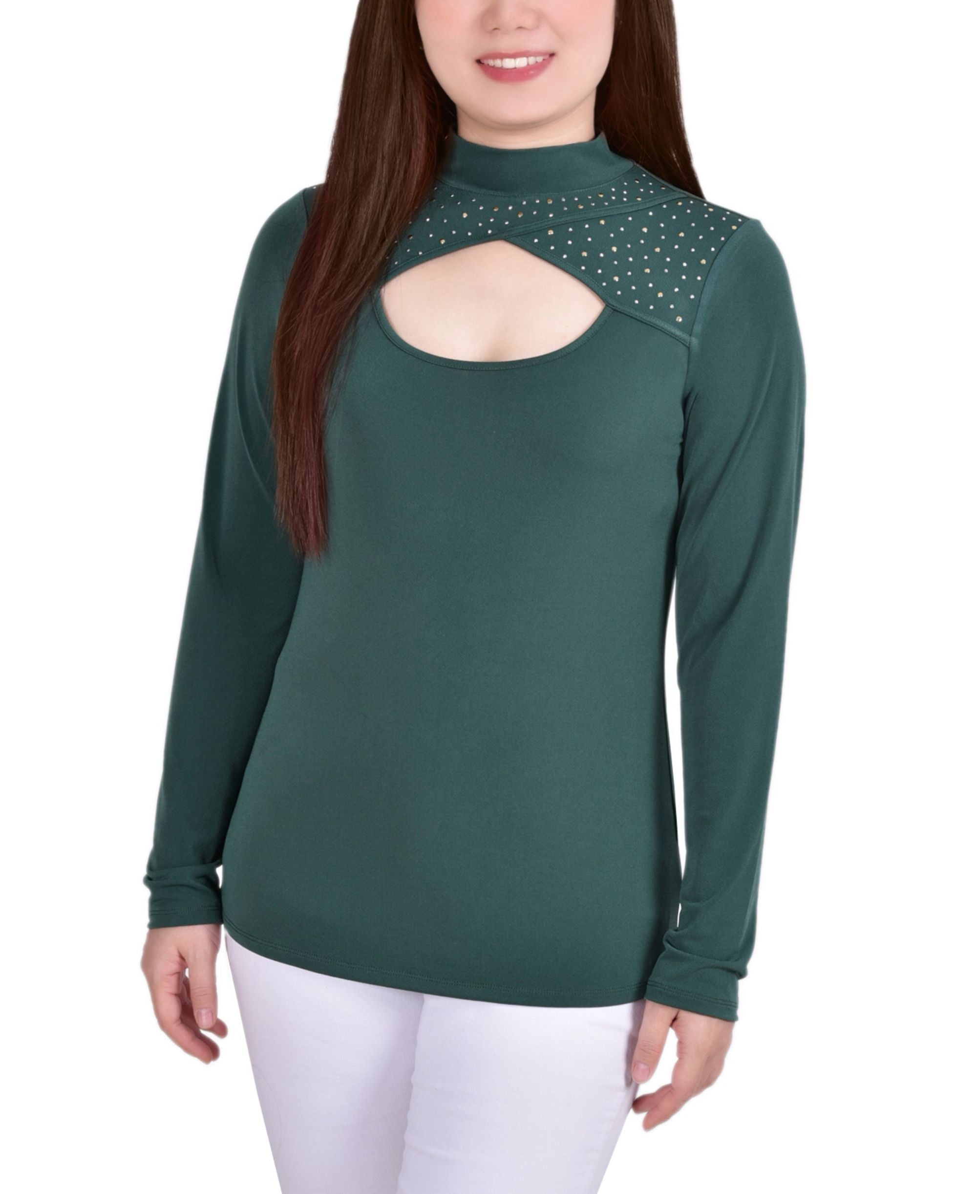 Petite Long Sleeve Studded Mock Neck Top
