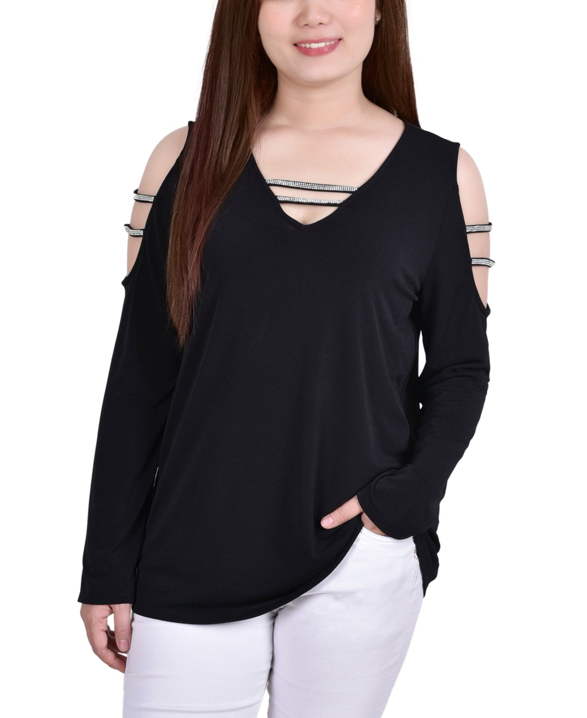 Petite Long Sleeve Knit Crepe Rhinestone Top