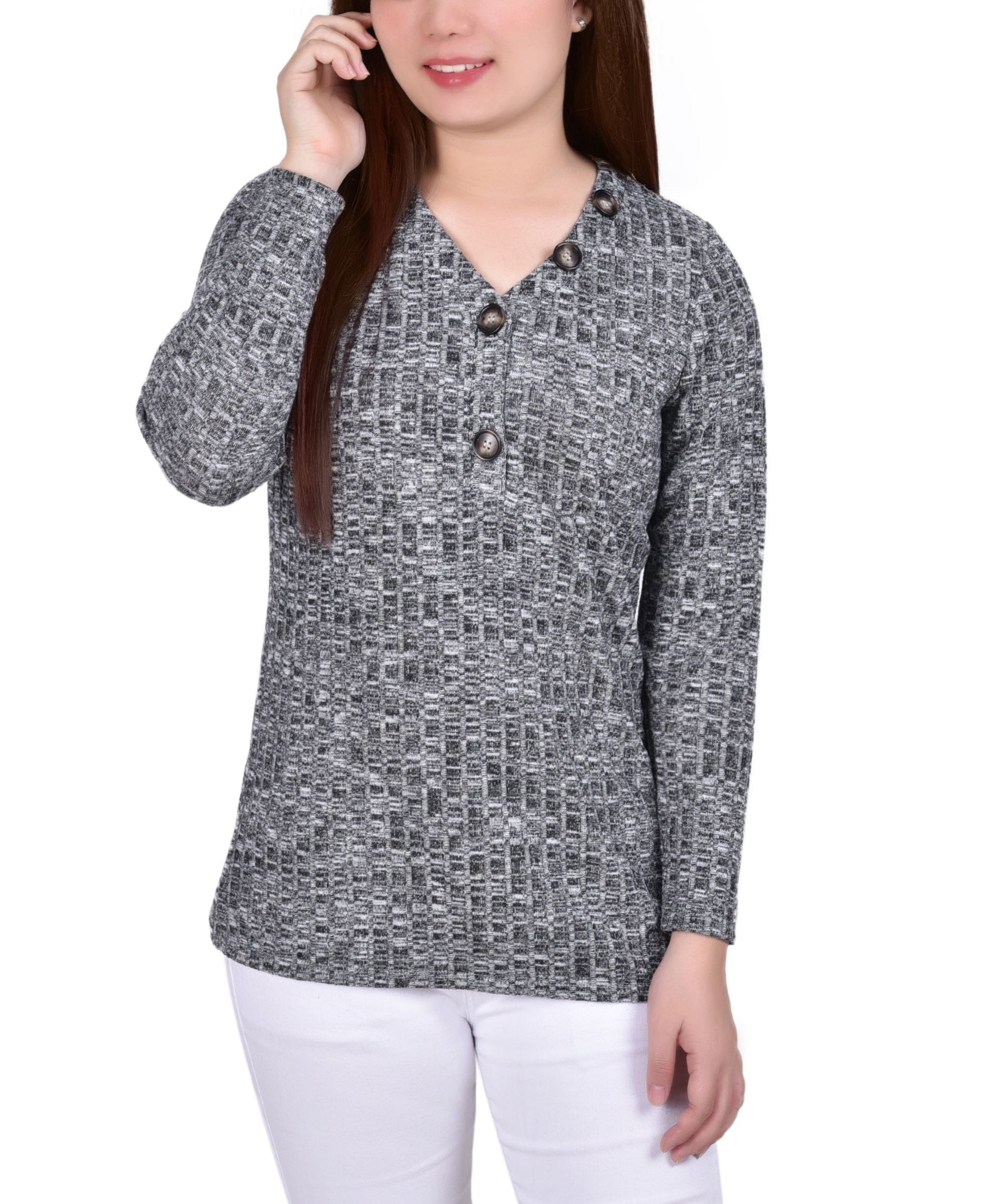 Petite Long Sleeve Ribbed Henley Top