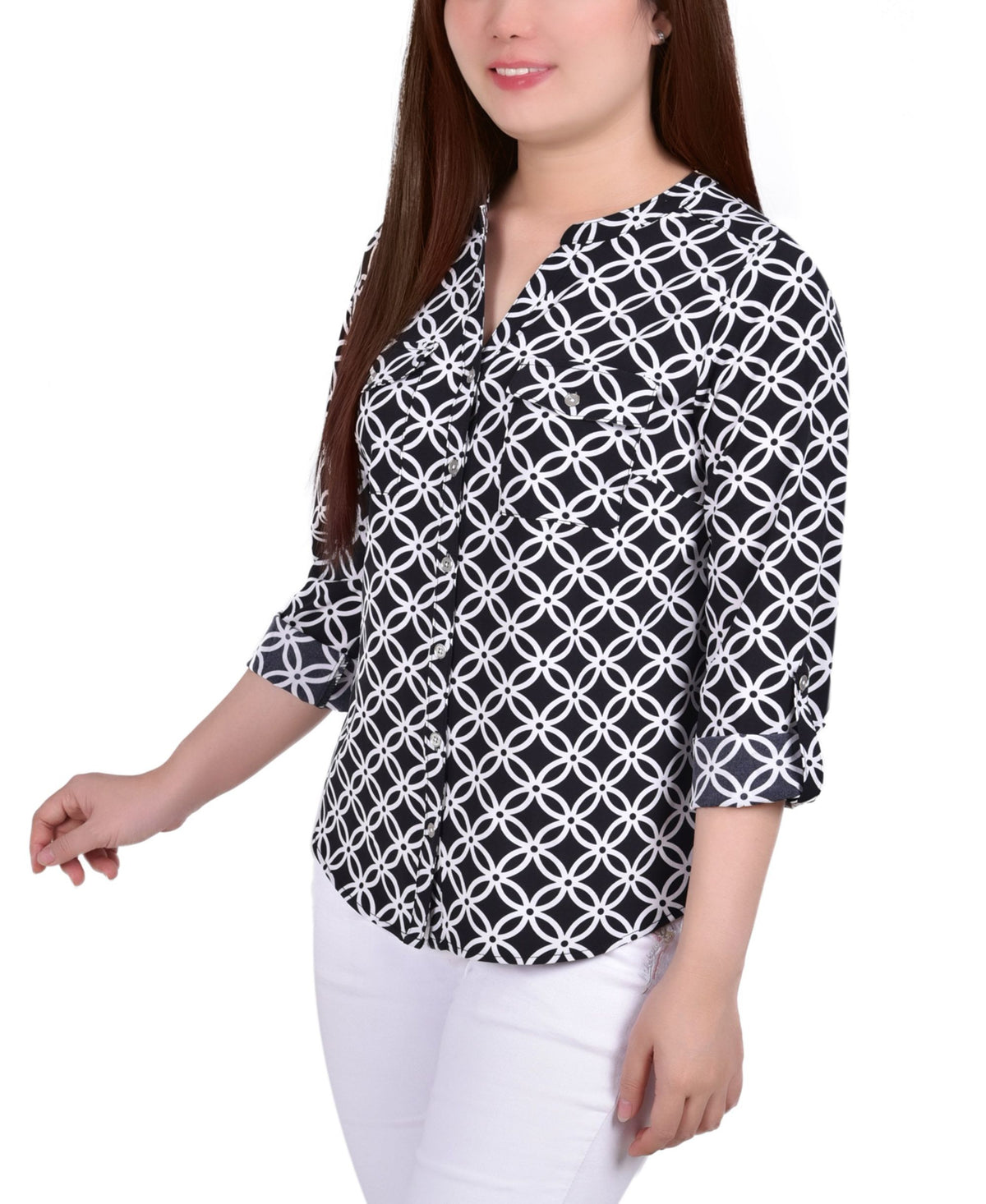 Petite 3/4 Sleeve Roll Tab Y Neck Blouse