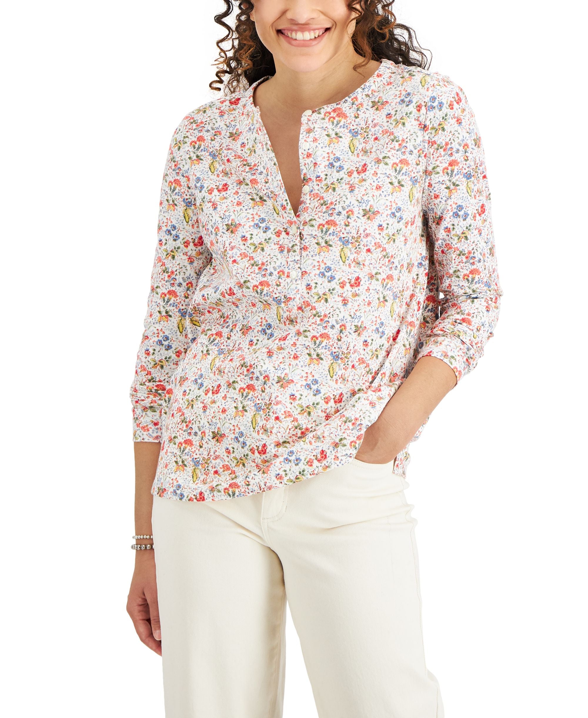 Style & Co Petite Cotton Printed Henley Top