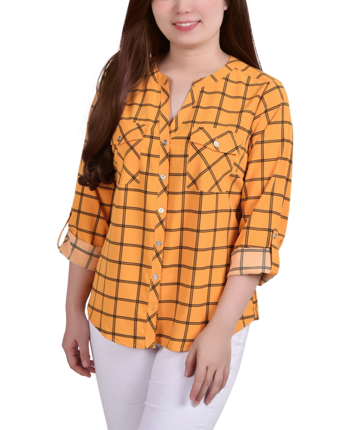 Petite 3/4 Sleeve Roll Tab Y Neck Blouse