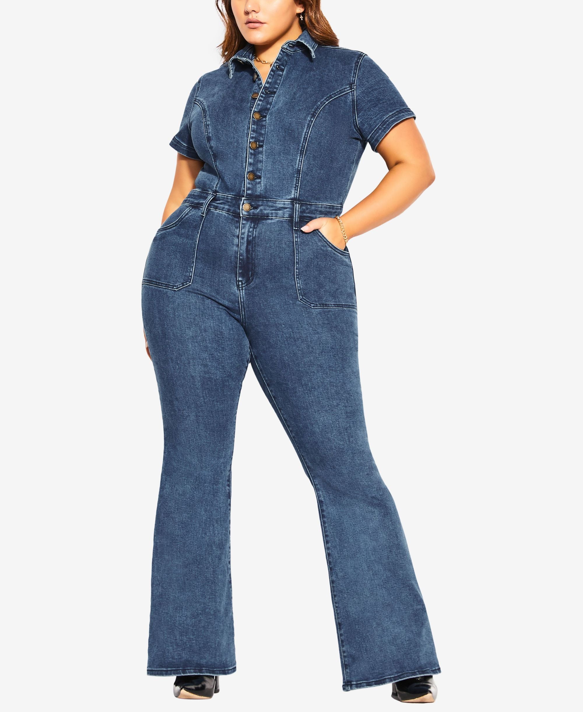 City Chic Trendy Plus Size Denim Flare Jumpsuit